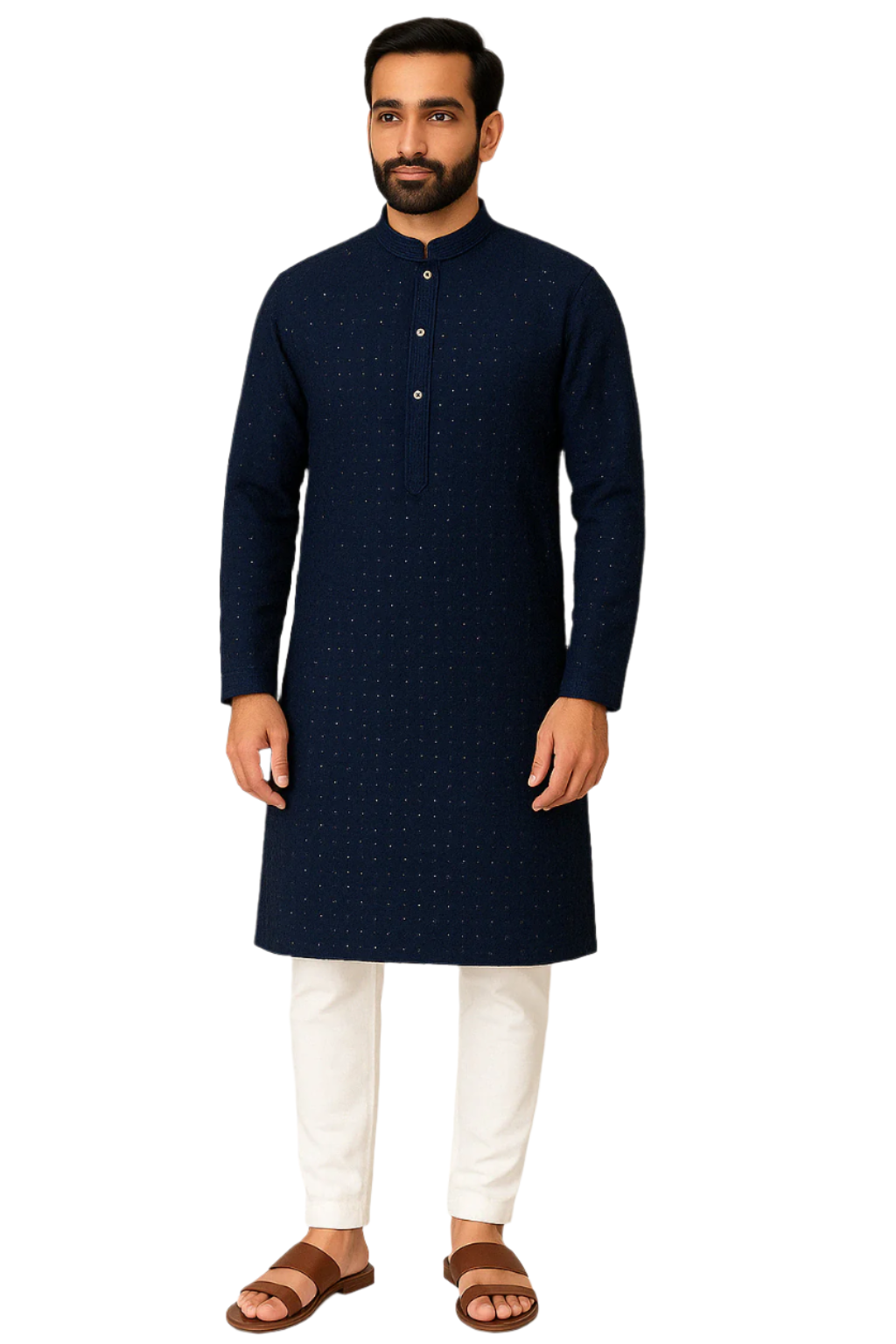 Navy Blue Self-Textured Kurta with White Pajama