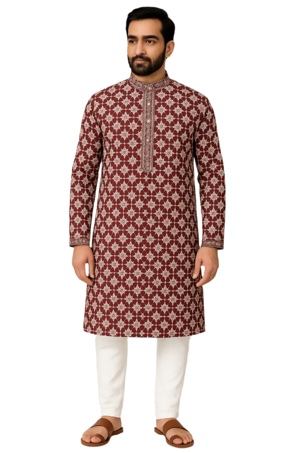 Red & Cream Embroidered Kurta with White Pajama