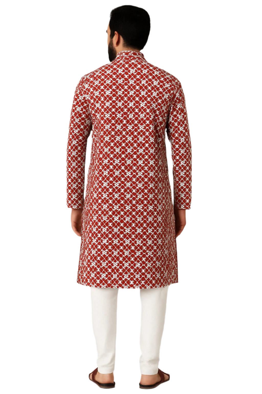 Red & Cream Embroidered Kurta with White Pajama