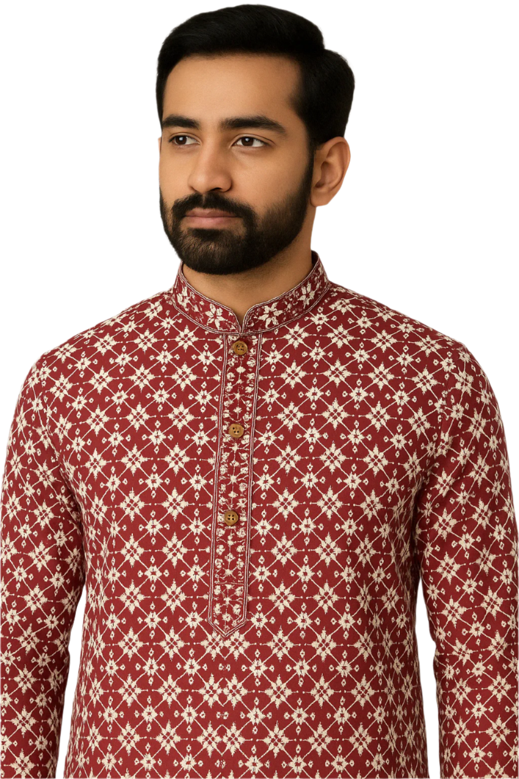 Red & Cream Embroidered Kurta with White Pajama