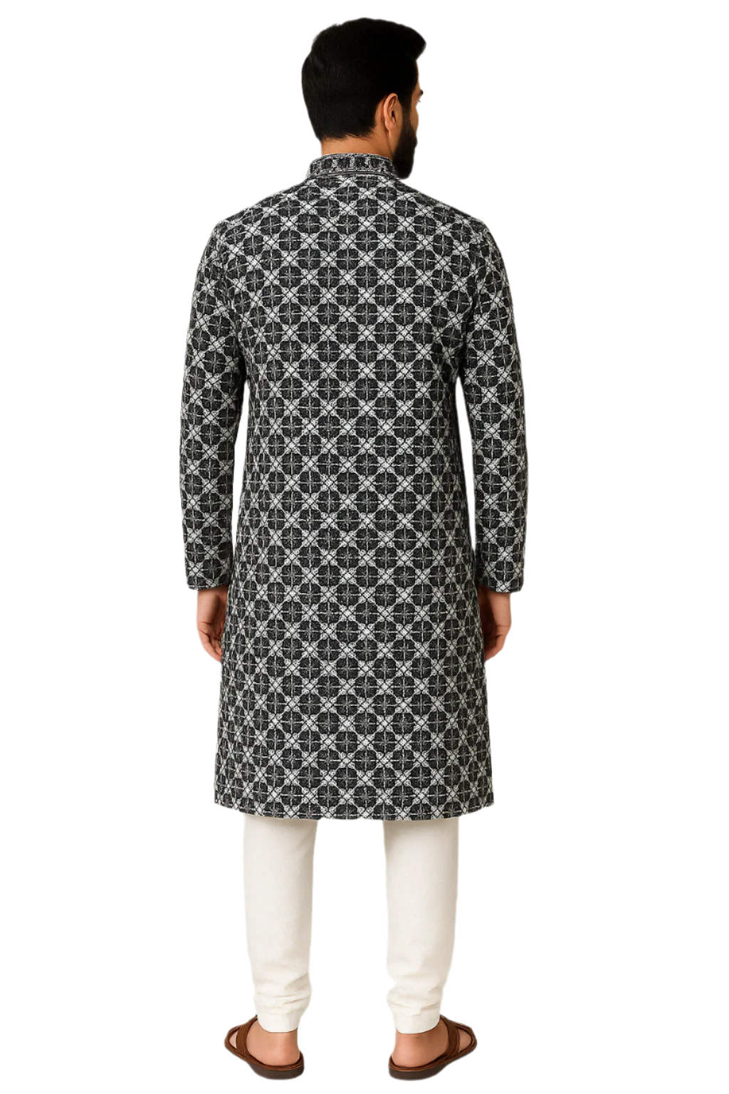 Black & White Geometric Patterned Kurta with White Pajama