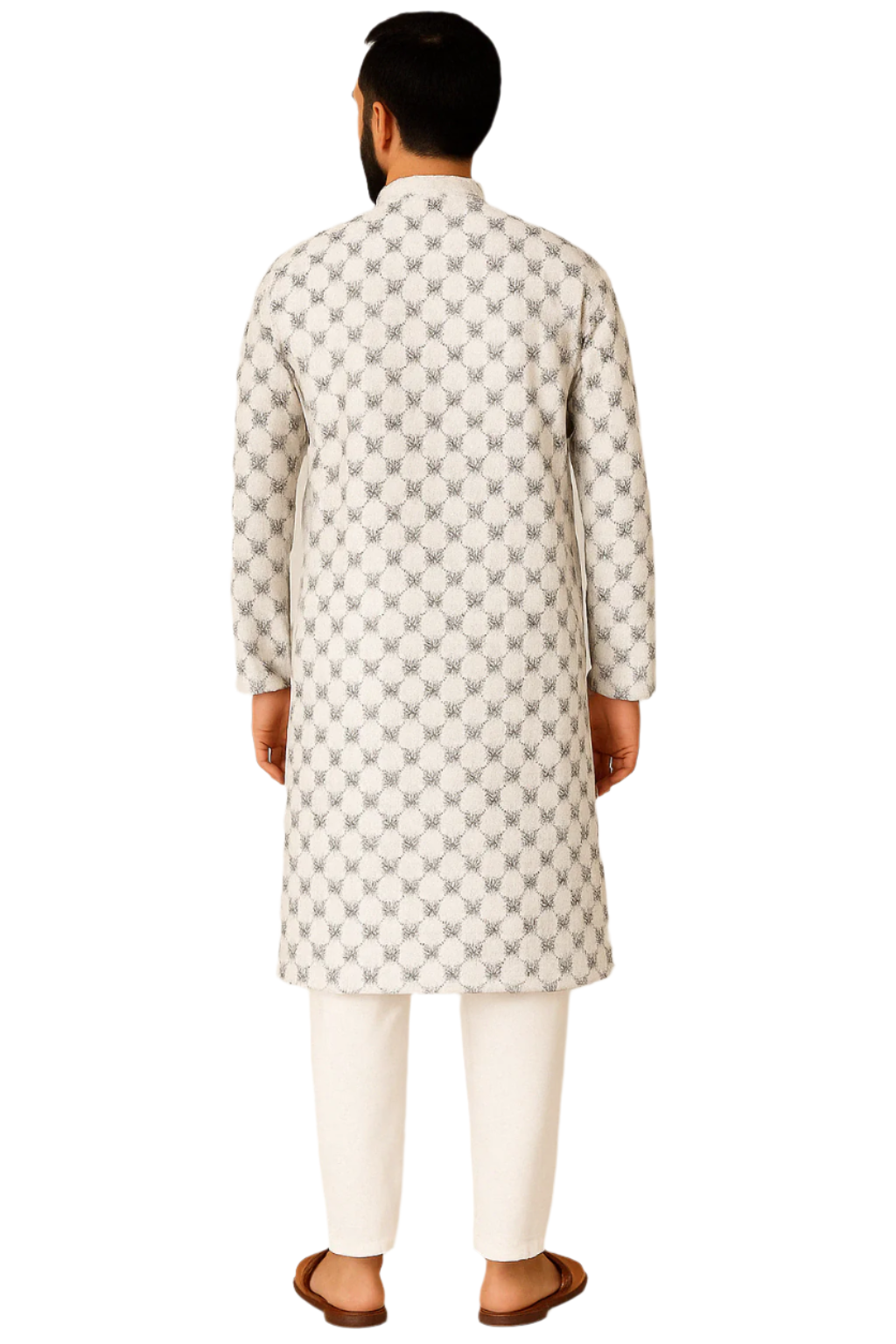 White Kurta with Black Geometric Embroidery & White Pajama