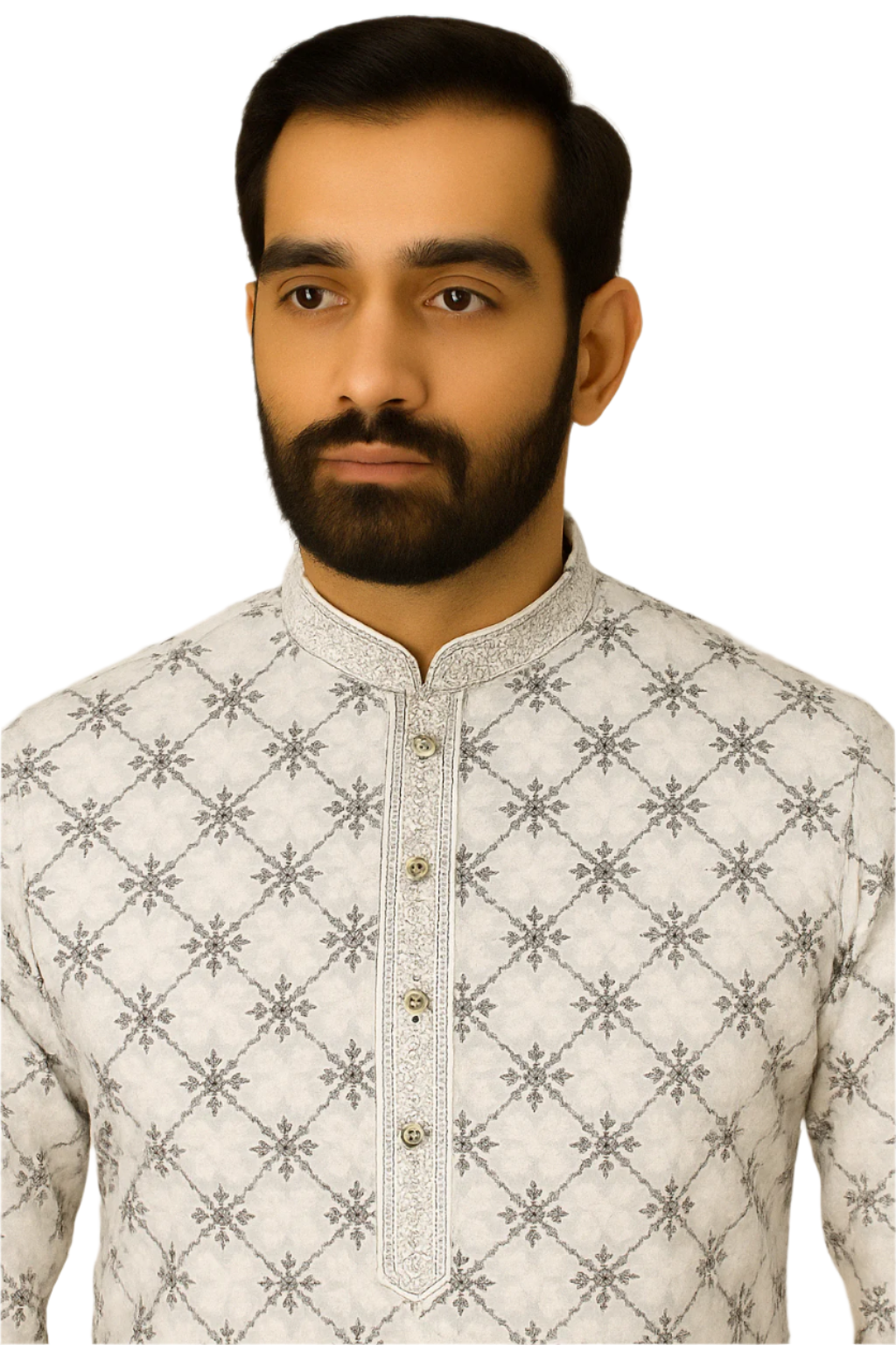 White Kurta with Black Geometric Embroidery & White Pajama