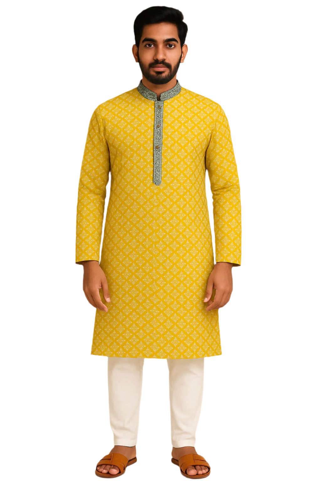 Bright Yellow Printed Kurta with Contrast Placket and White Churidar – Festive Daywear for Men