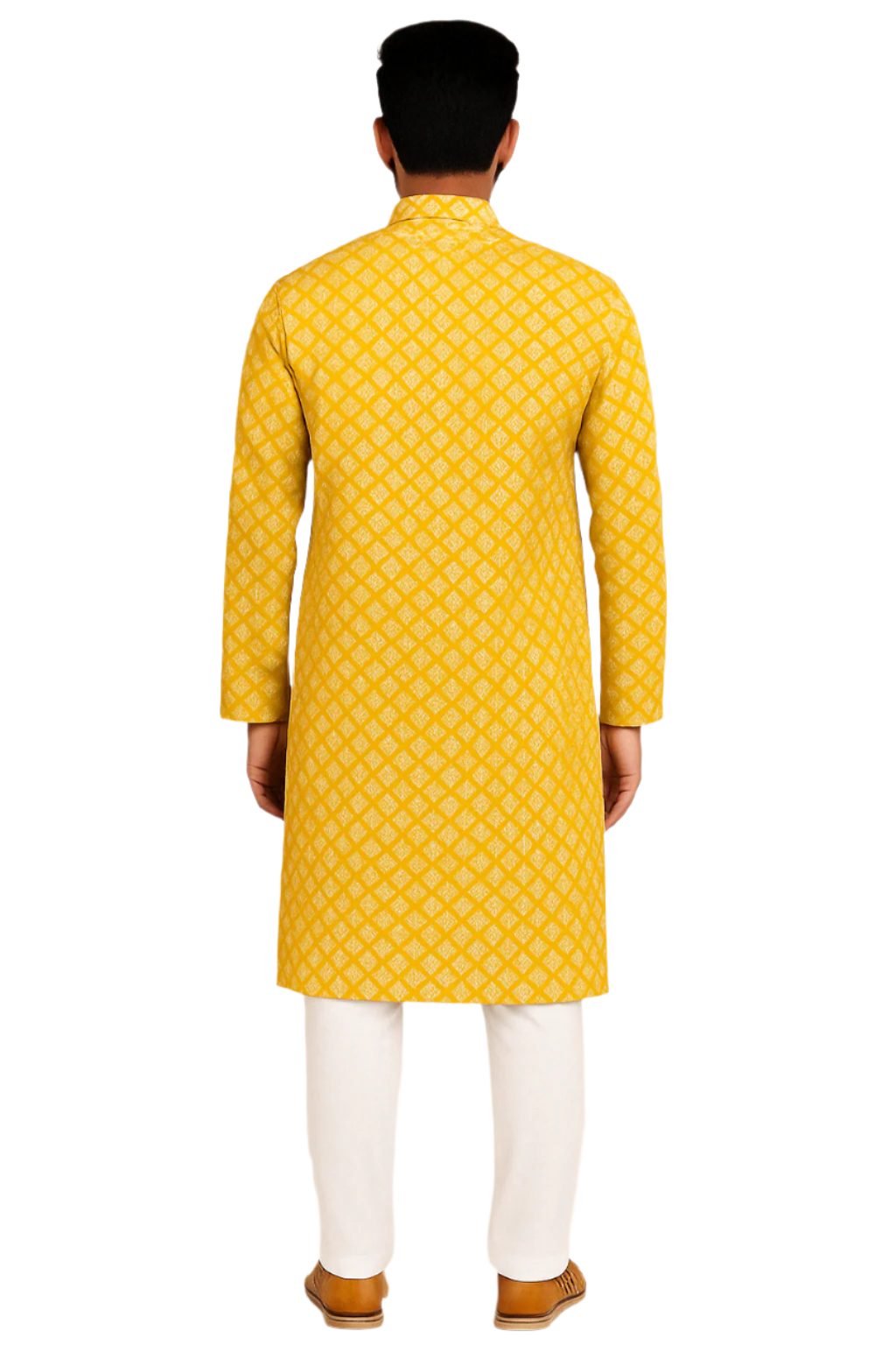 Bright Yellow Printed Kurta with Contrast Placket and White Churidar – Festive Daywear for Men