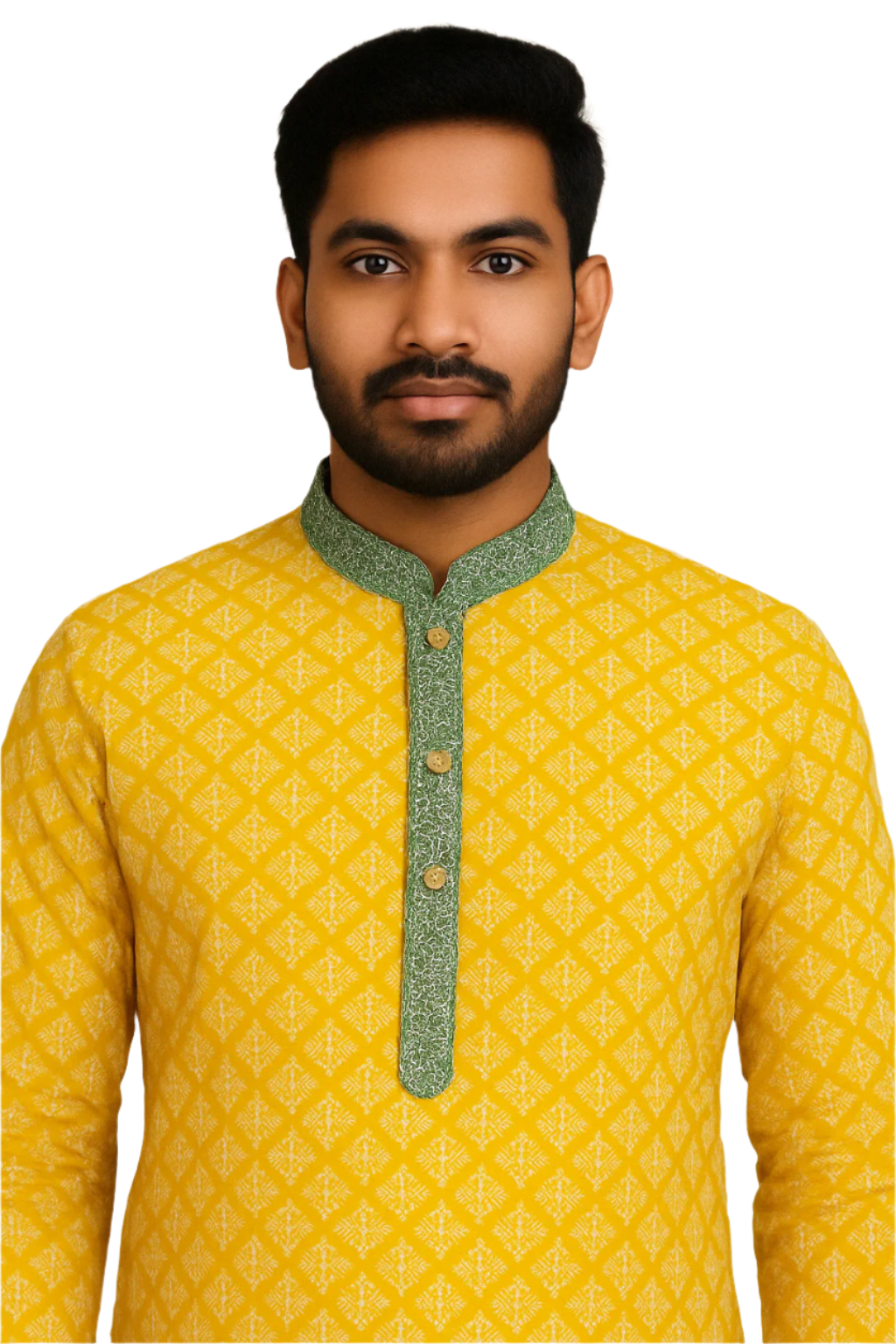 Bright Yellow Printed Kurta with Contrast Placket and White Churidar – Festive Daywear for Men