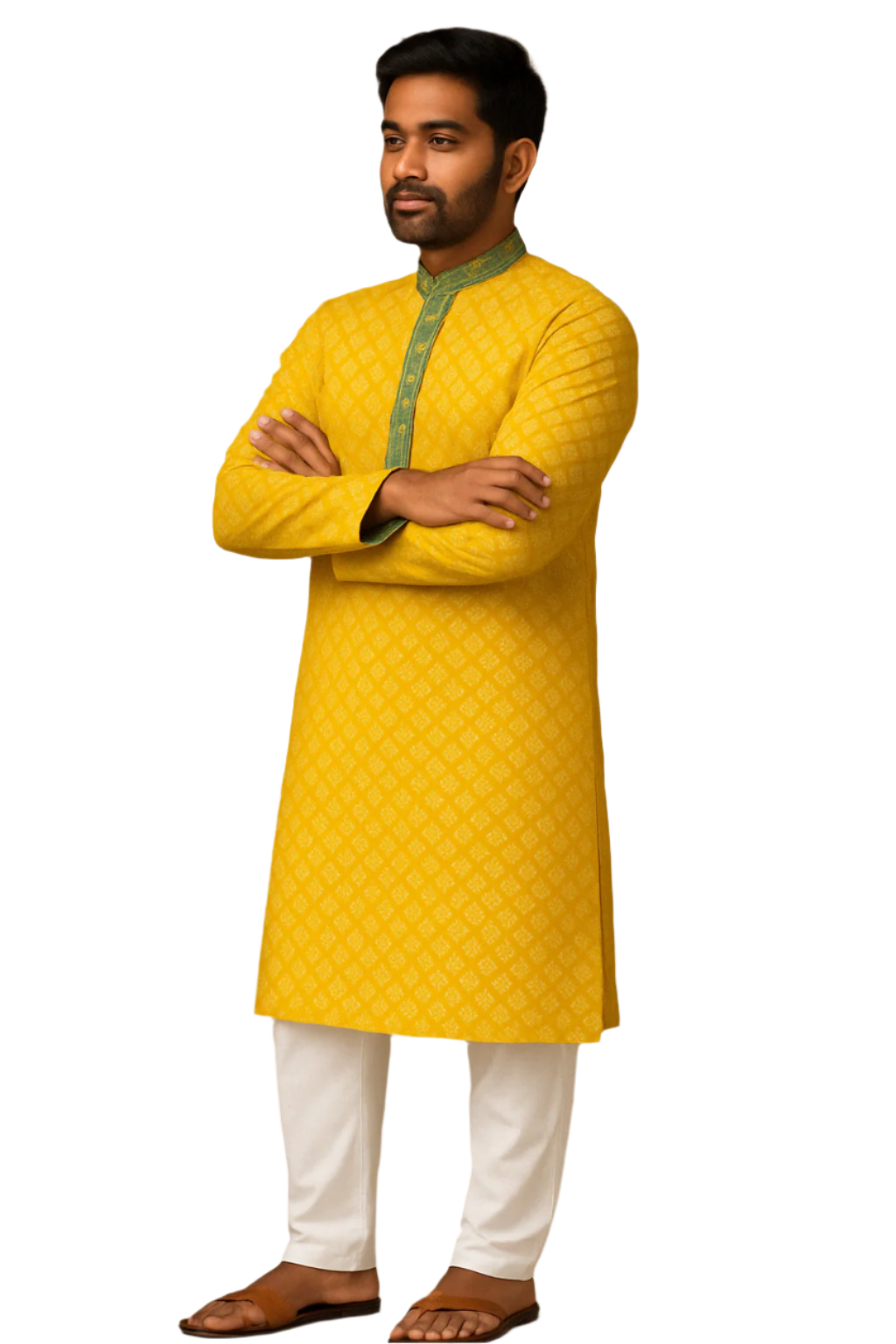 Bright Yellow Printed Kurta with Contrast Placket and White Churidar – Festive Daywear for Men