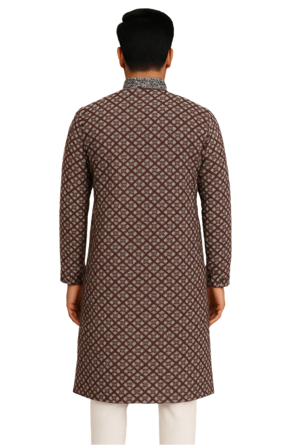 Maroon Geometric Print Kurta with Contrast Detailing and White Churidar – Contemporary Ethnic Look