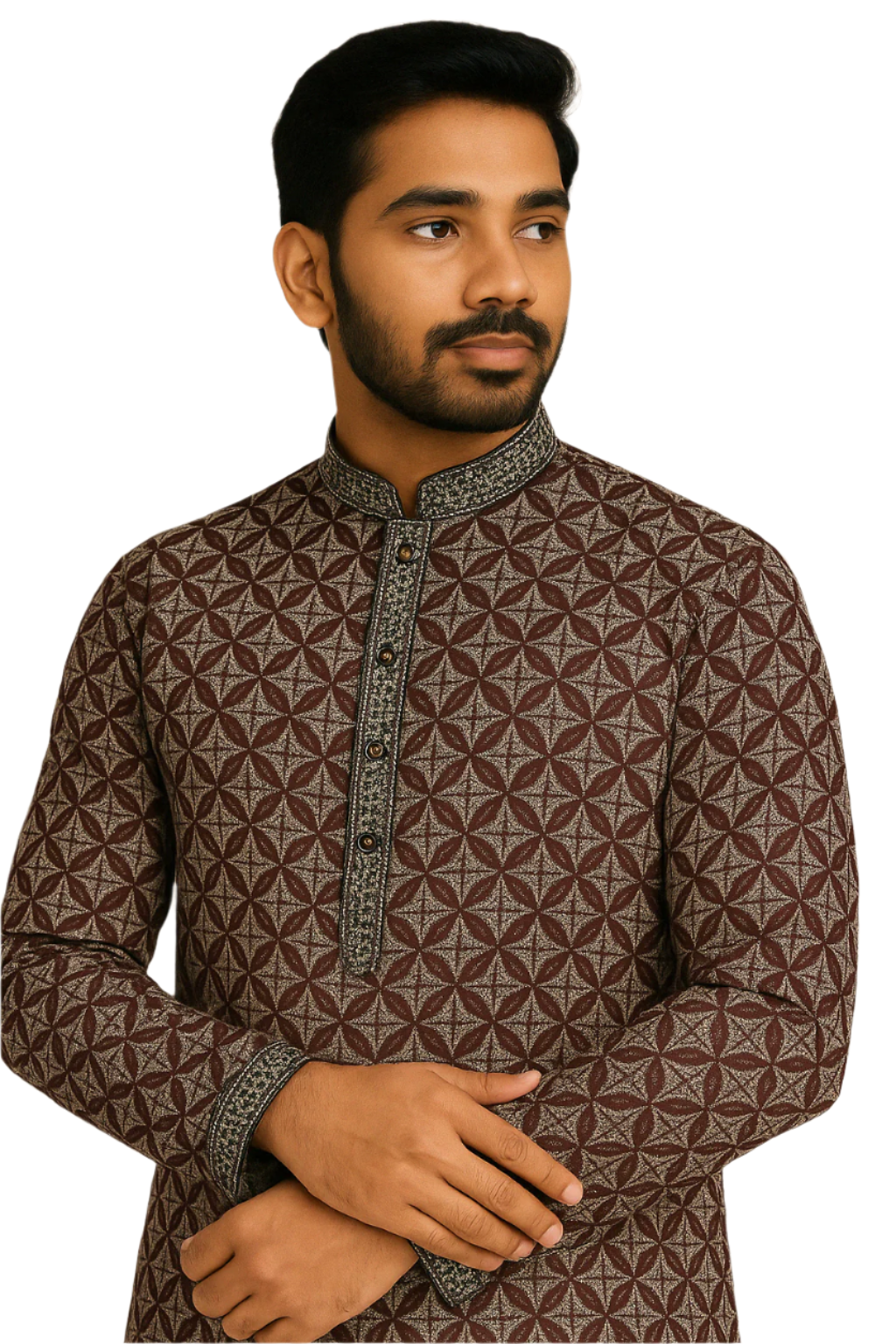 Maroon Geometric Print Kurta with Contrast Detailing and White Churidar – Contemporary Ethnic Look