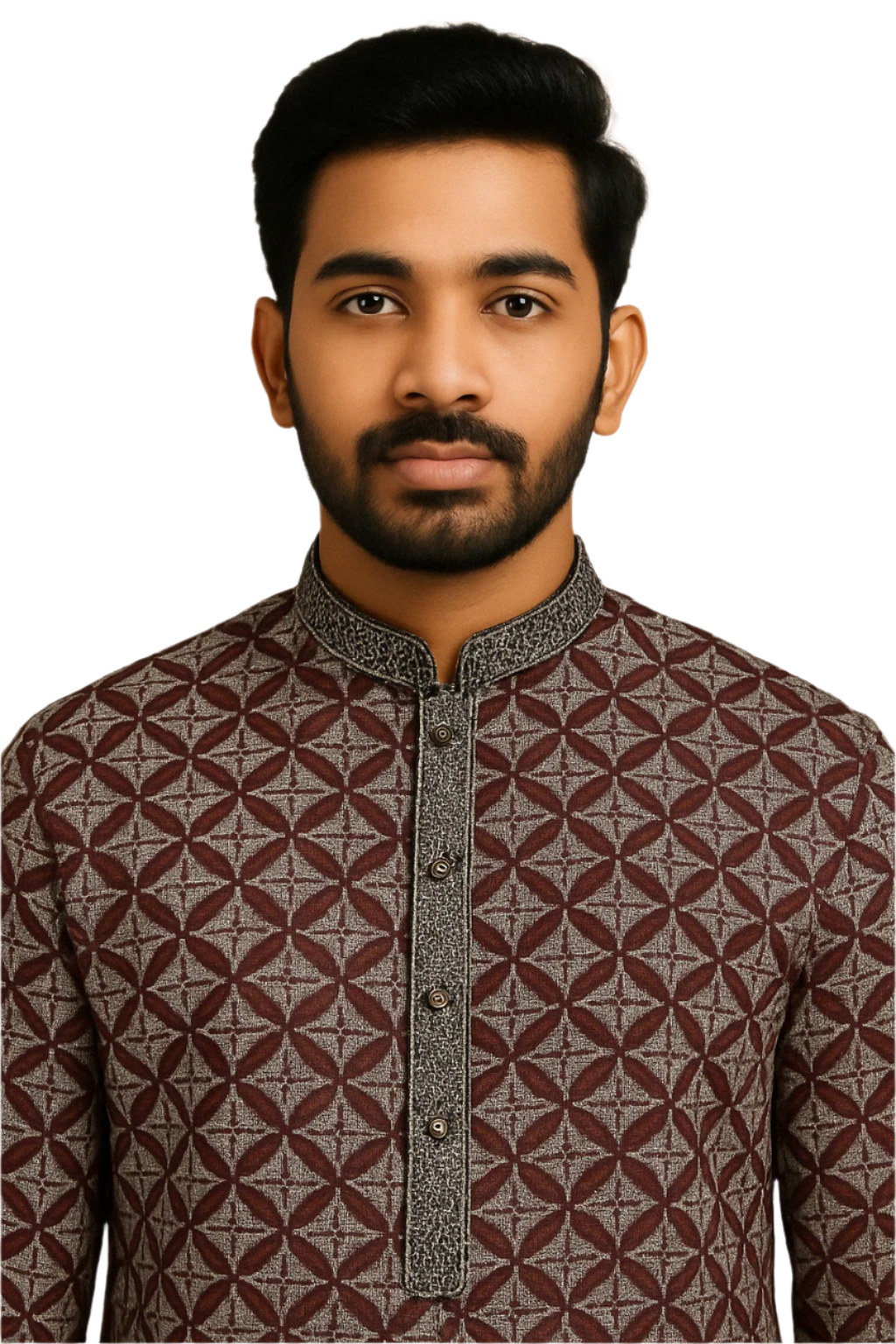 Maroon Geometric Print Kurta with Contrast Detailing and White Churidar – Contemporary Ethnic Look