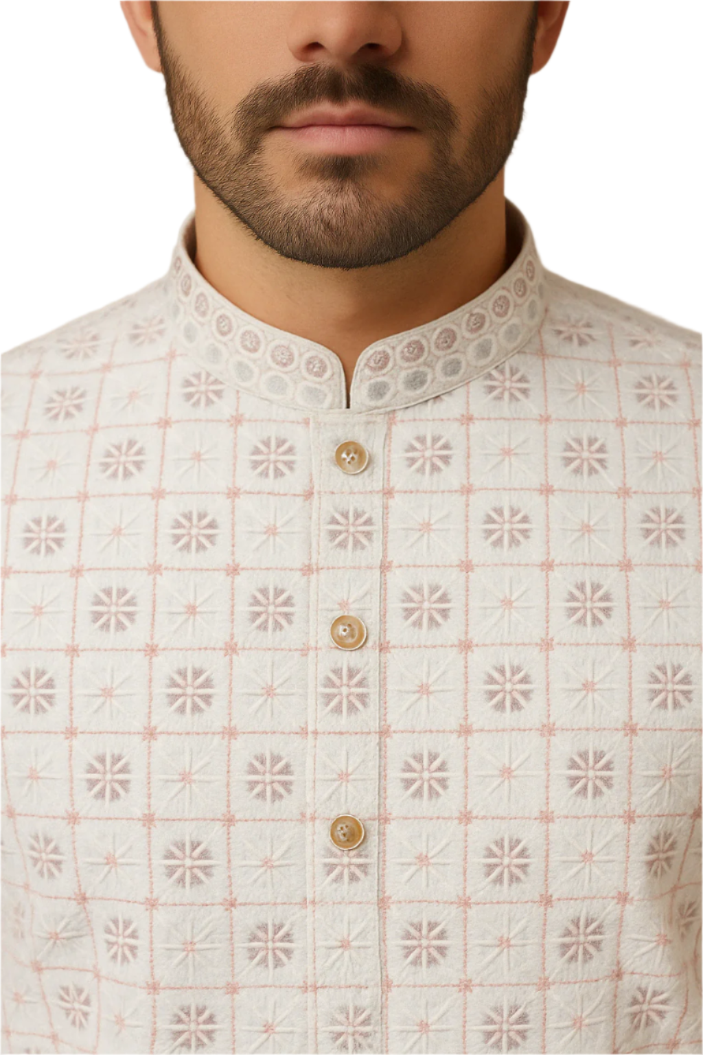 White Checkered Jacquard Kurta with White Pajama