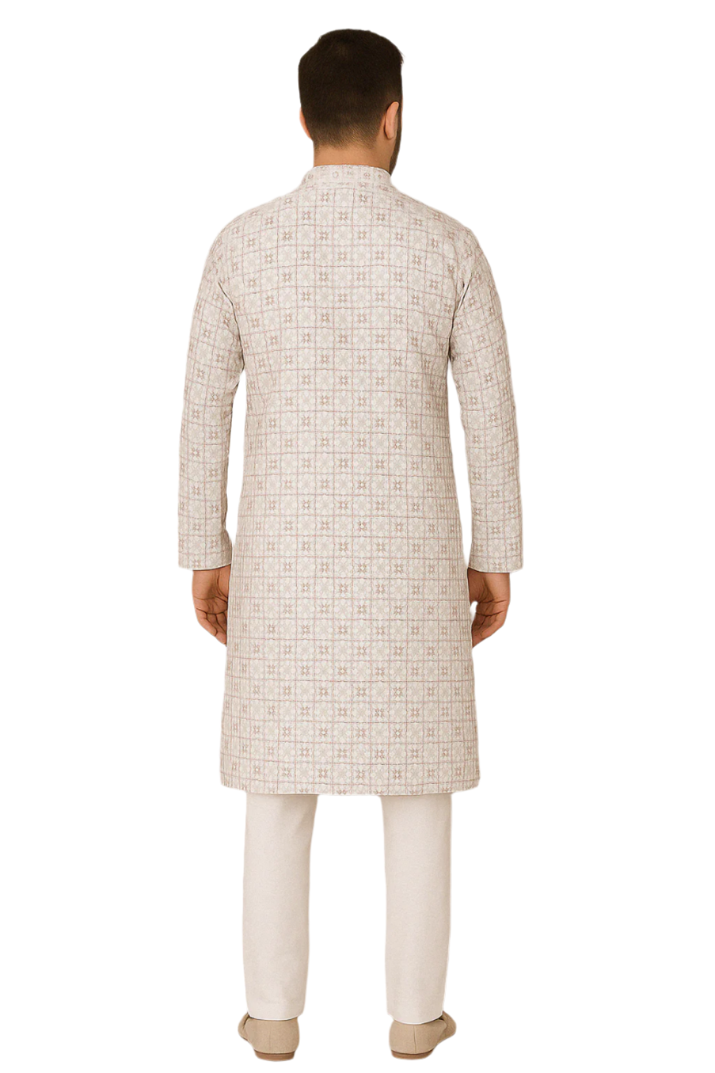 White Checkered Jacquard Kurta with White Pajama