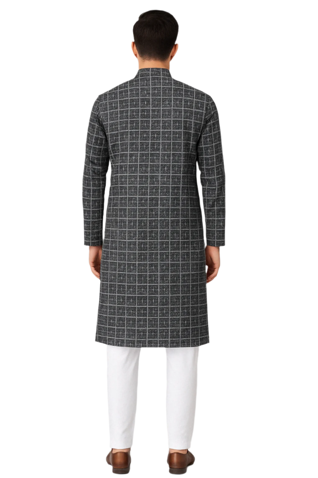 Charcoal Grey Block Print Kurta with White Pajama