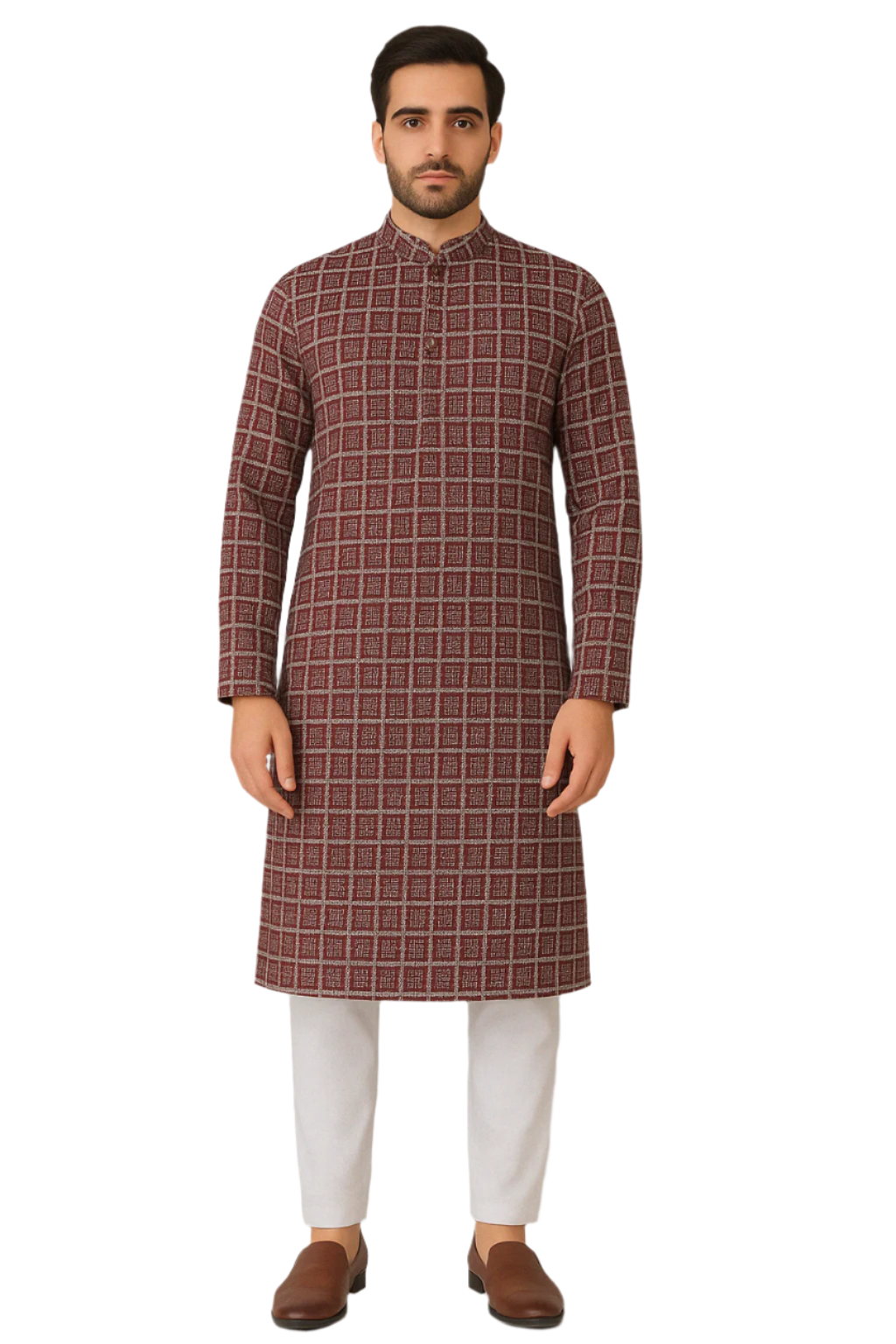 Maroon Block Print Kurta with White Pajama