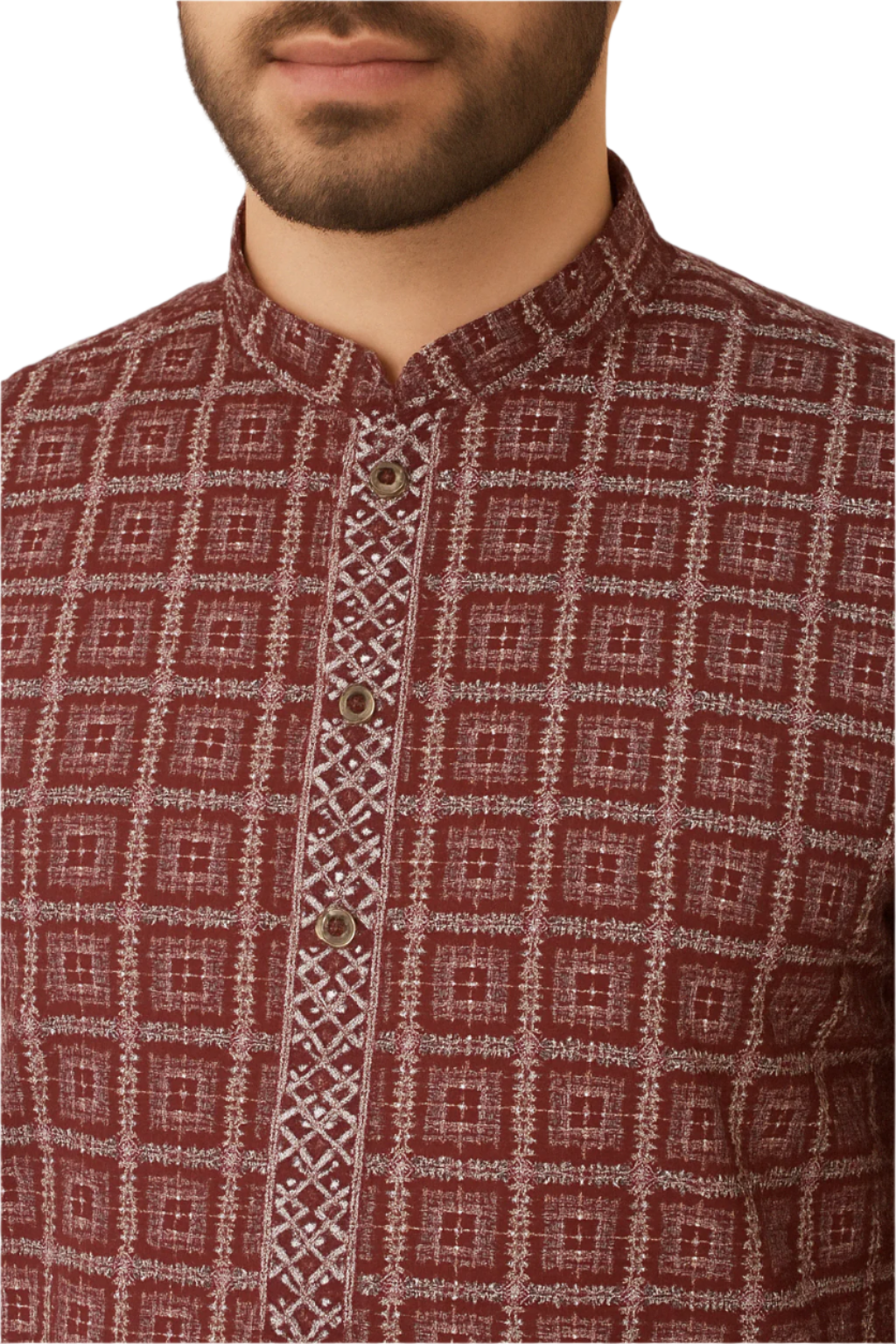 Maroon Block Print Kurta with White Pajama
