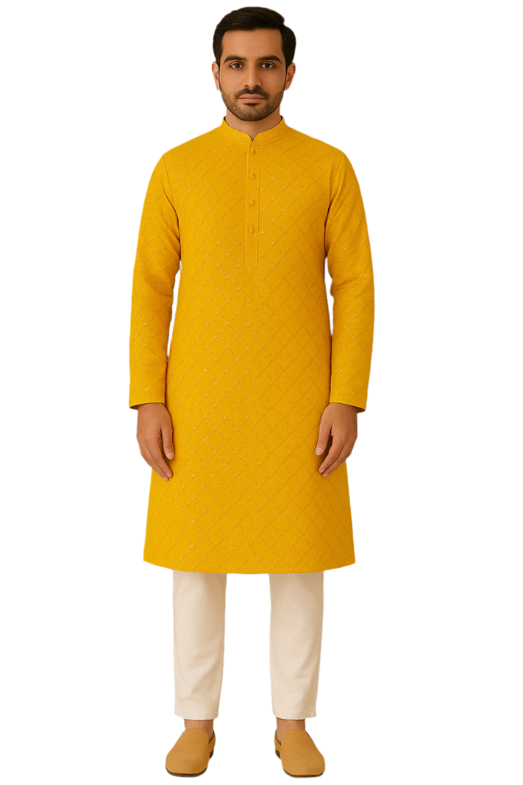 Mustard Yellow Embroidered Kurta with White Pajama
