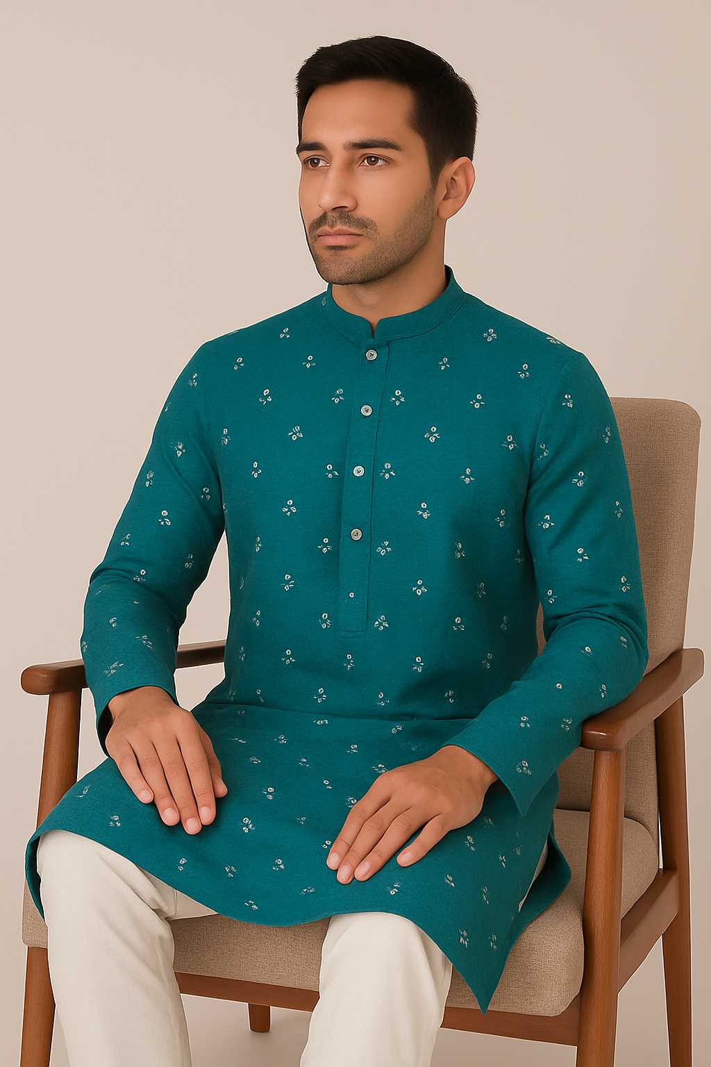 Teal Blue Printed Festive Kurta with White Pajama