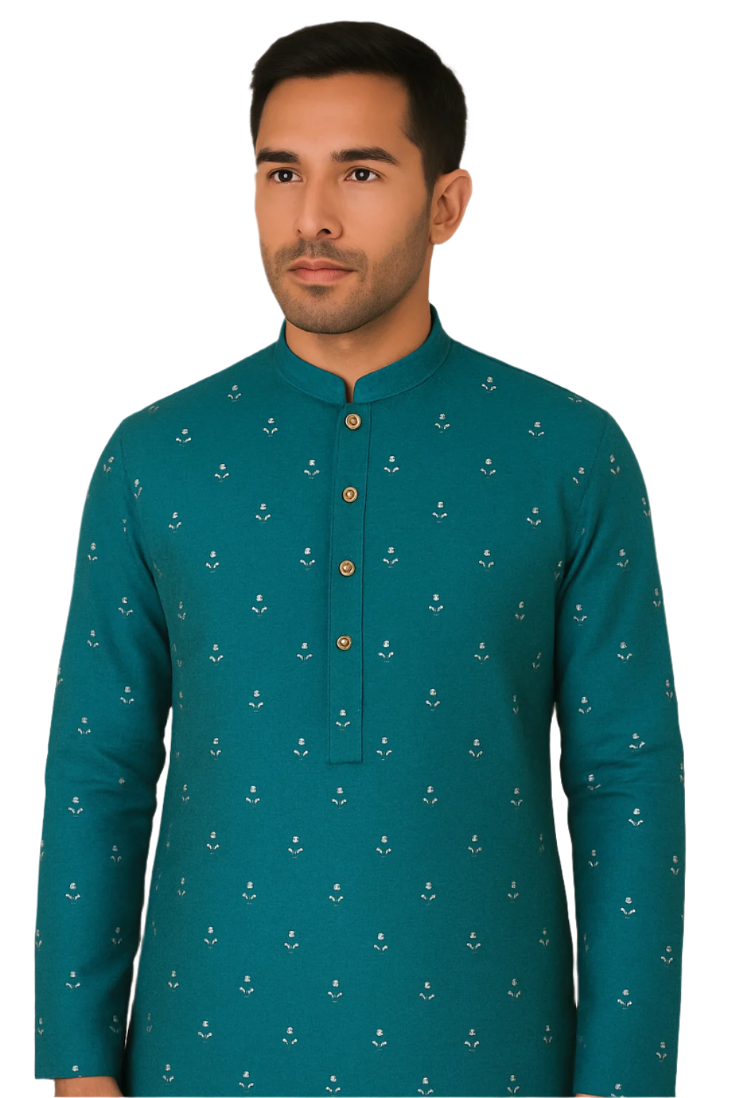 Teal Blue Printed Festive Kurta with White Pajama