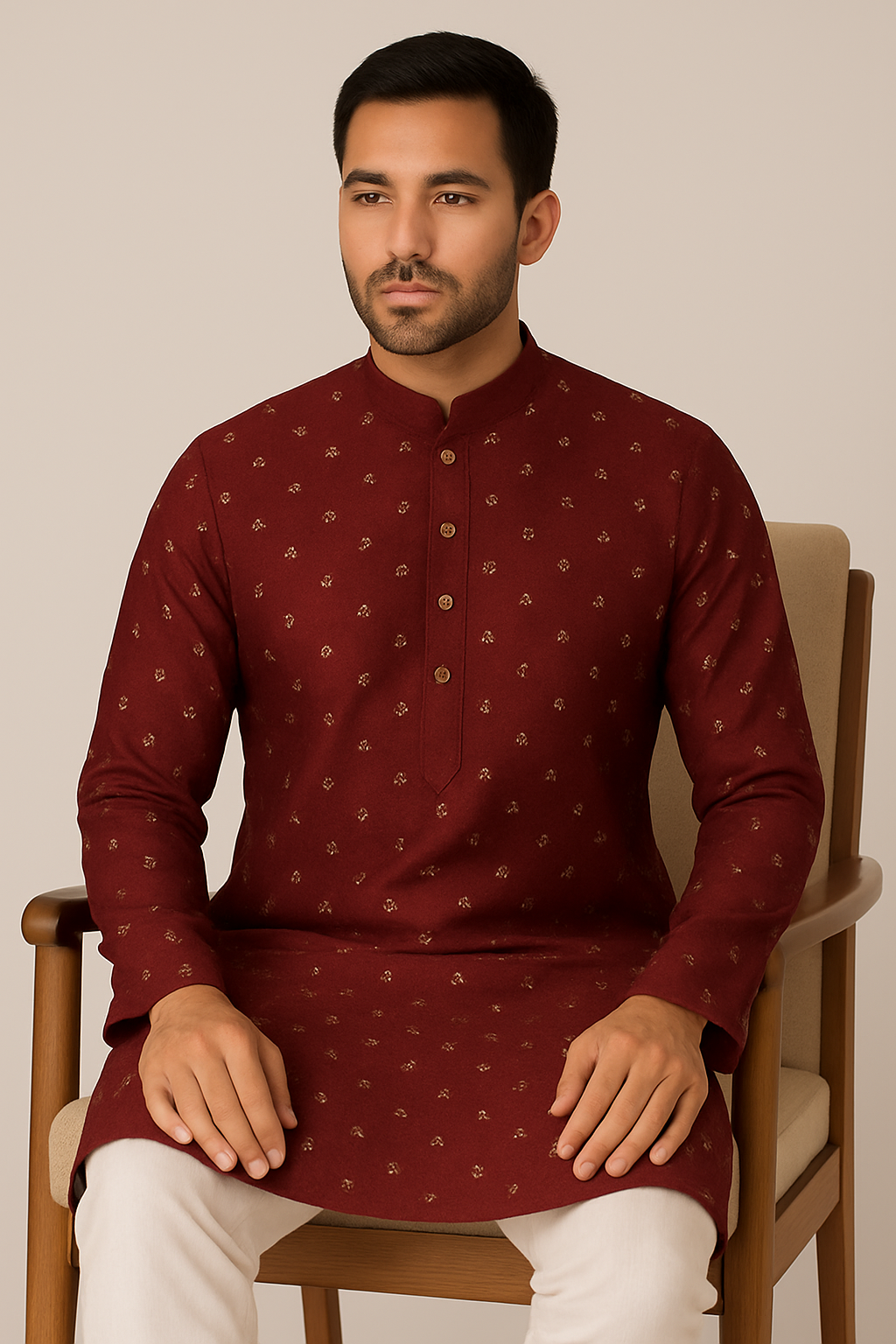 Maroon Kurta with Subtle Gold Motifs and White Churidar