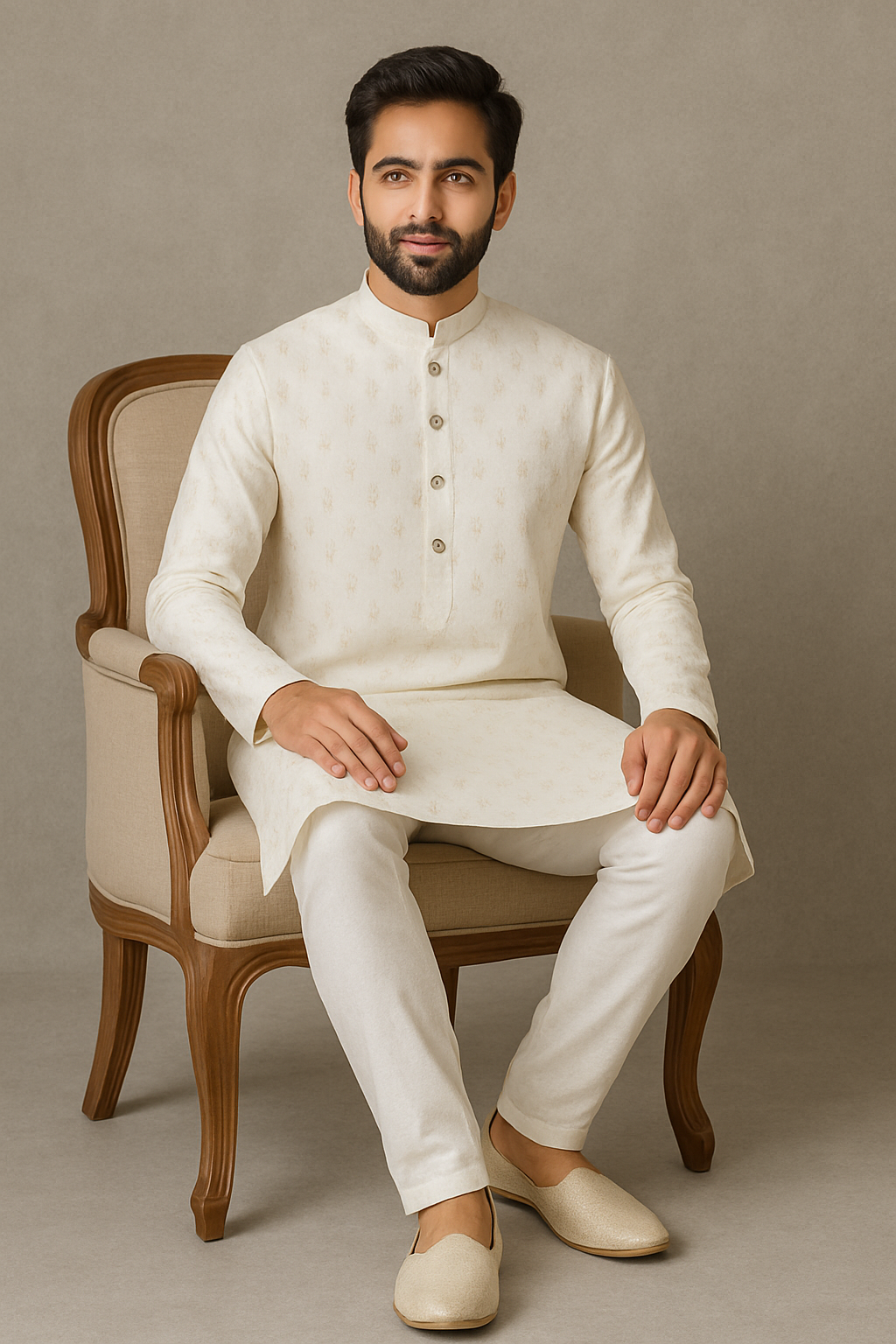 Ivory Textured Kurta Set with Golden Detailing – Elegant Ethnic Wear for Men