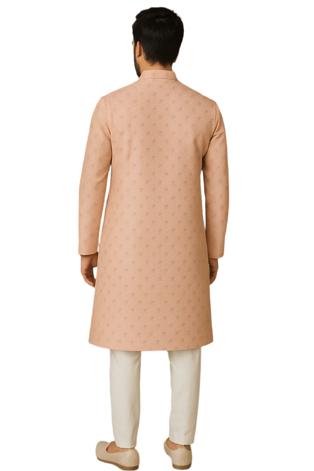 Peach Gold Embroidered Kurta with White Churidar – Graceful Ethnic Wear for Men