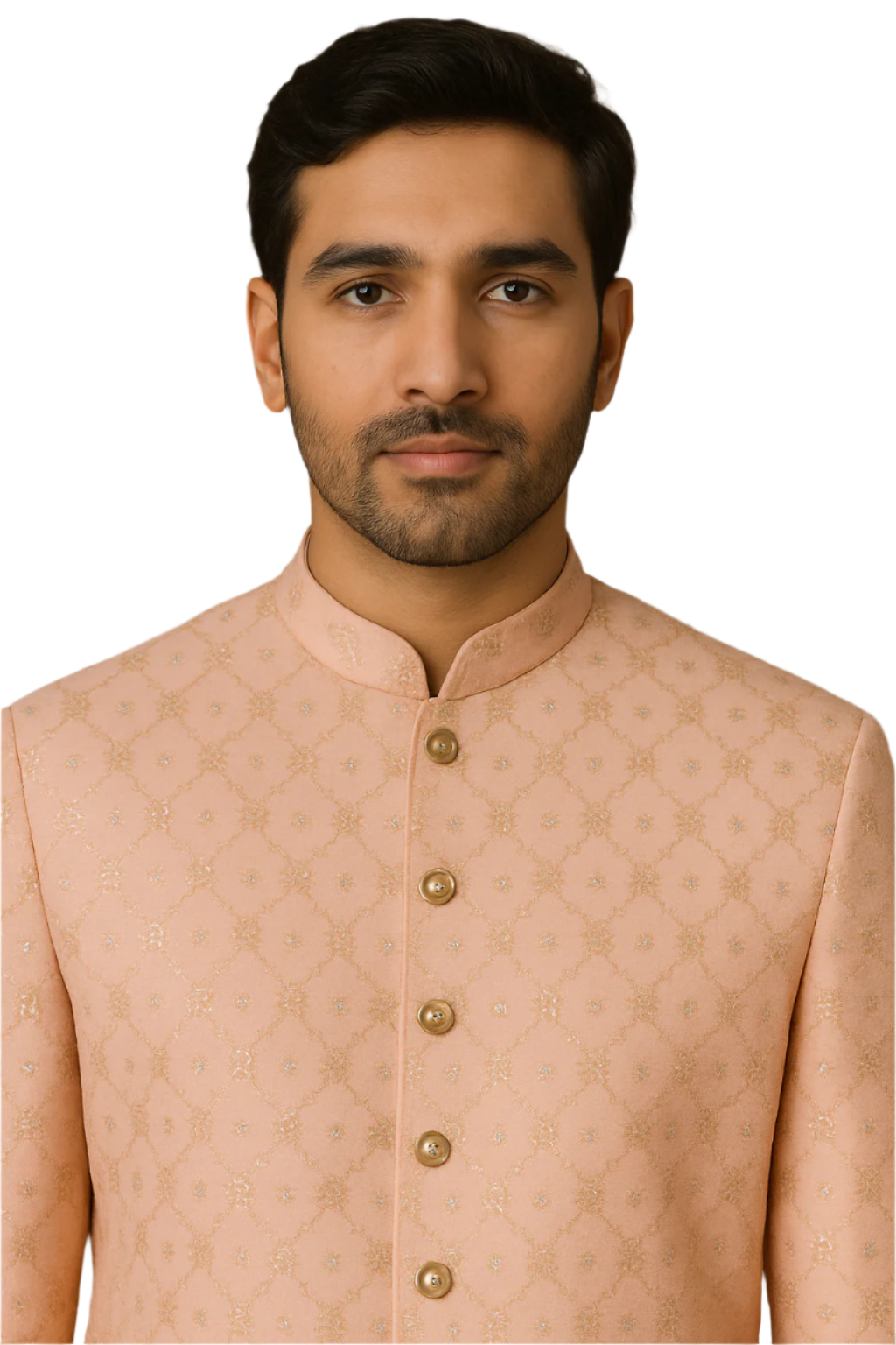 Peach Gold Embroidered Kurta with White Churidar – Graceful Ethnic Wear for Men
