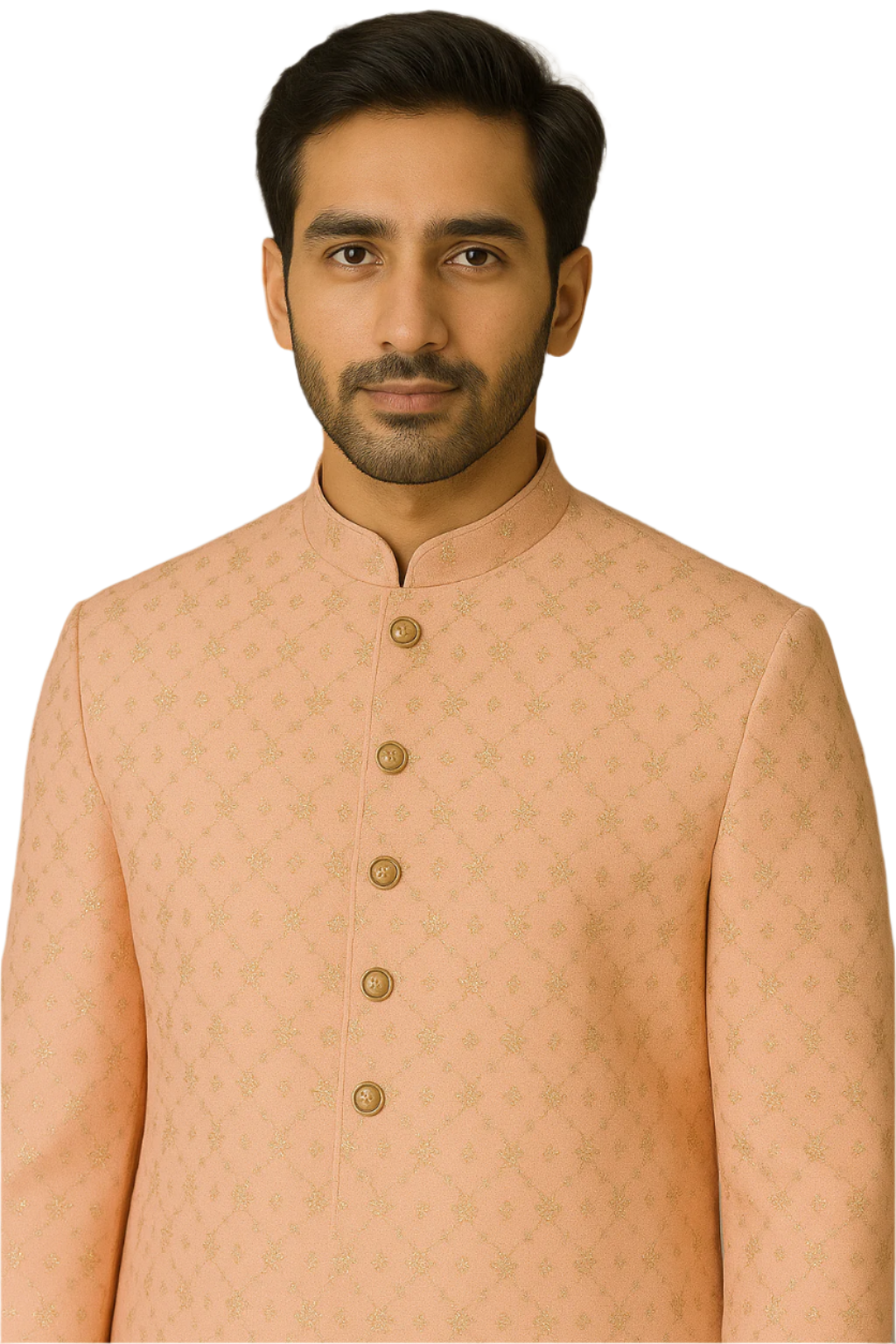 Peach Gold Embroidered Kurta with White Churidar – Graceful Ethnic Wear for Men