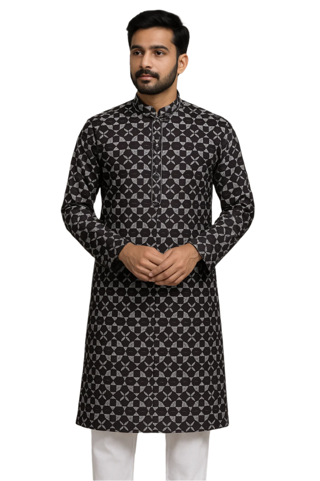Men Black Printed Kurta with Geometric Motif and Mandarin Collar