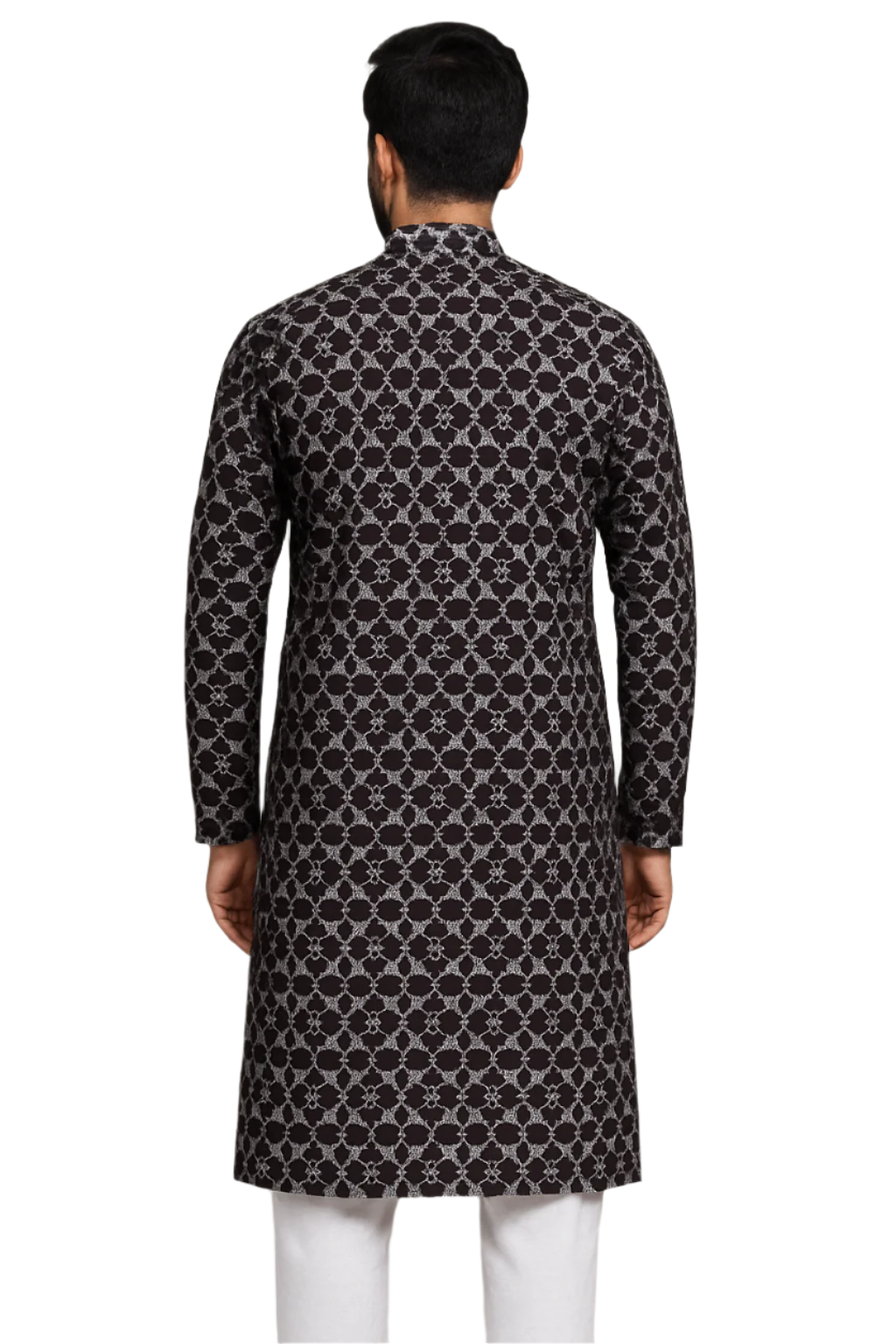 Men Black Printed Kurta with Geometric Motif and Mandarin Collar