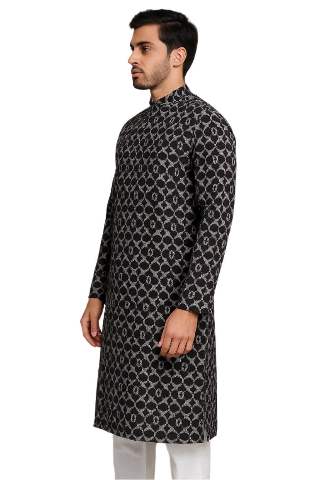 Men Black Printed Kurta with Geometric Motif and Mandarin Collar