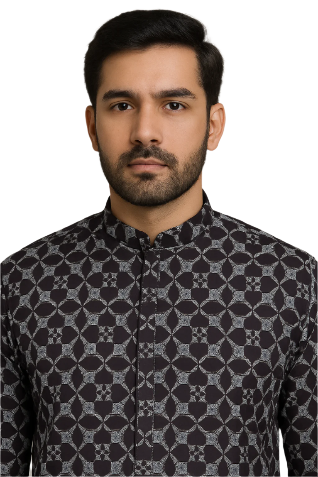 Men Black Printed Kurta with Geometric Motif and Mandarin Collar
