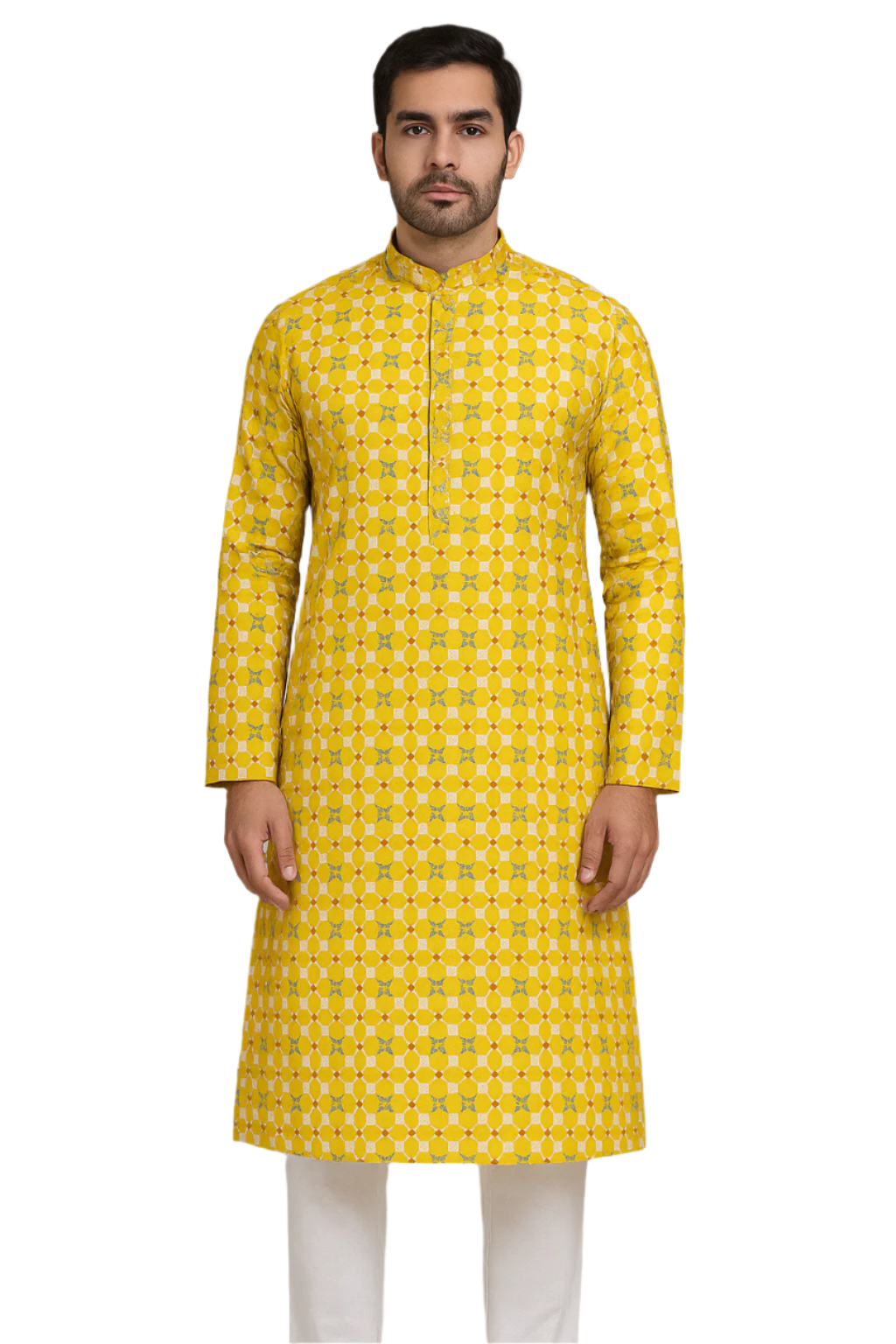 Bright Yellow Geometric Kurta with White Churidar – Festive & Fresh Ethnic Style