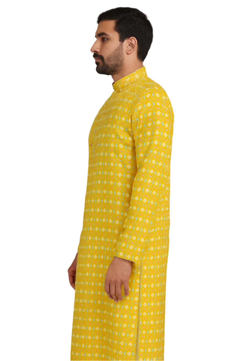 Bright Yellow Geometric Kurta with White Churidar – Festive & Fresh Ethnic Style
