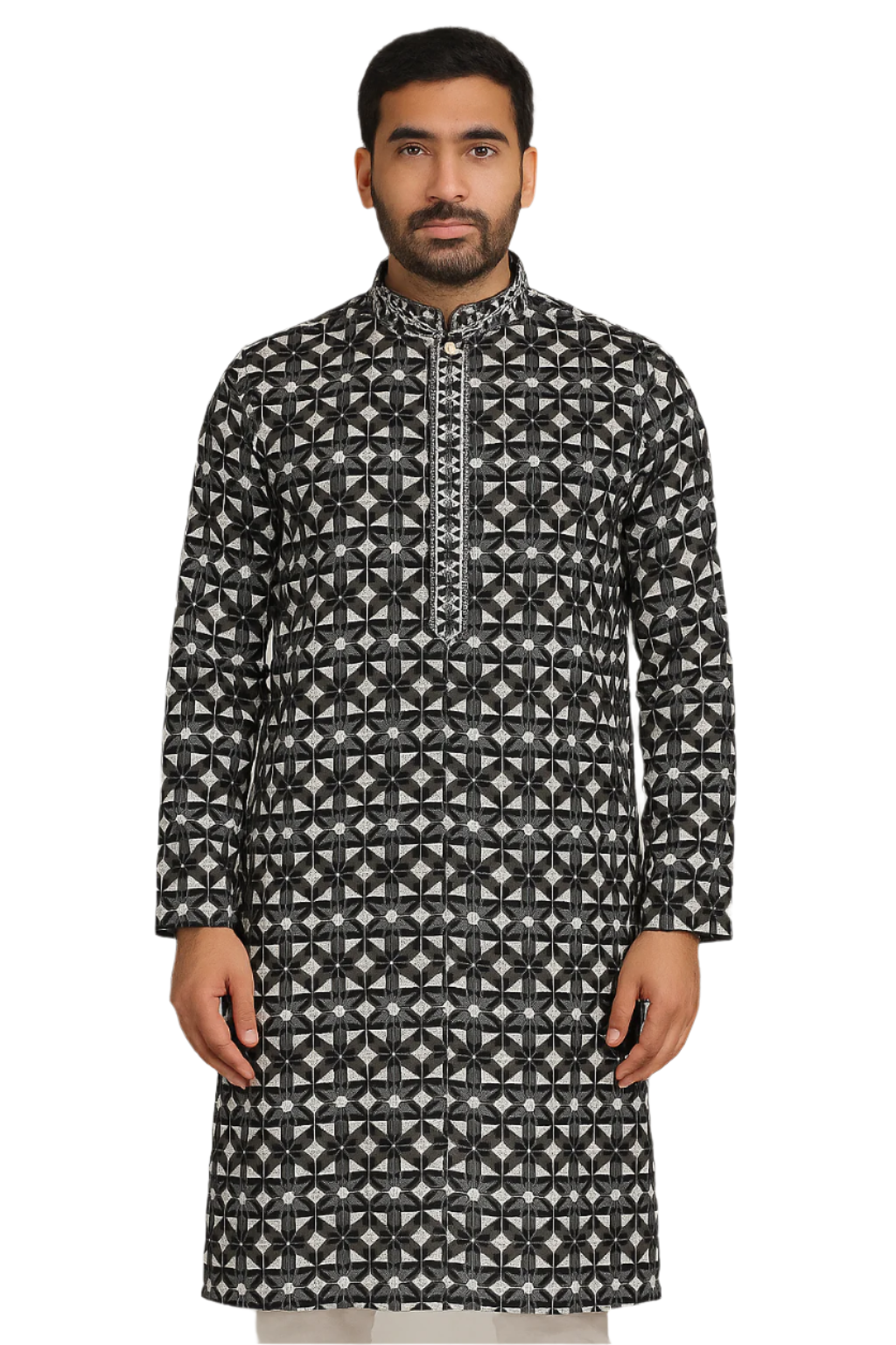 Men Black and Grey Embroidered Geometric Kurta with Contrast Placket