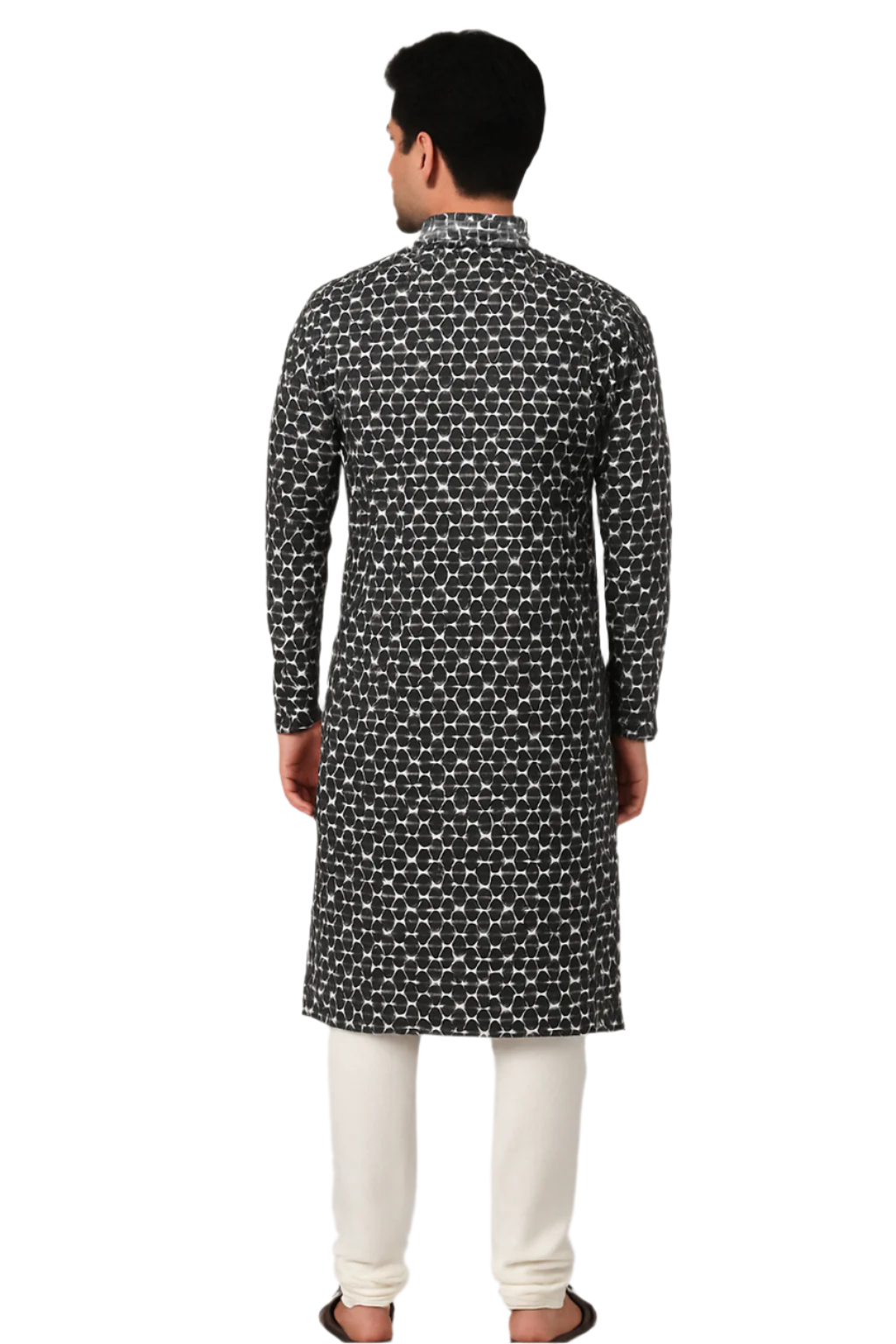 Men Black and Grey Embroidered Geometric Kurta with Contrast Placket