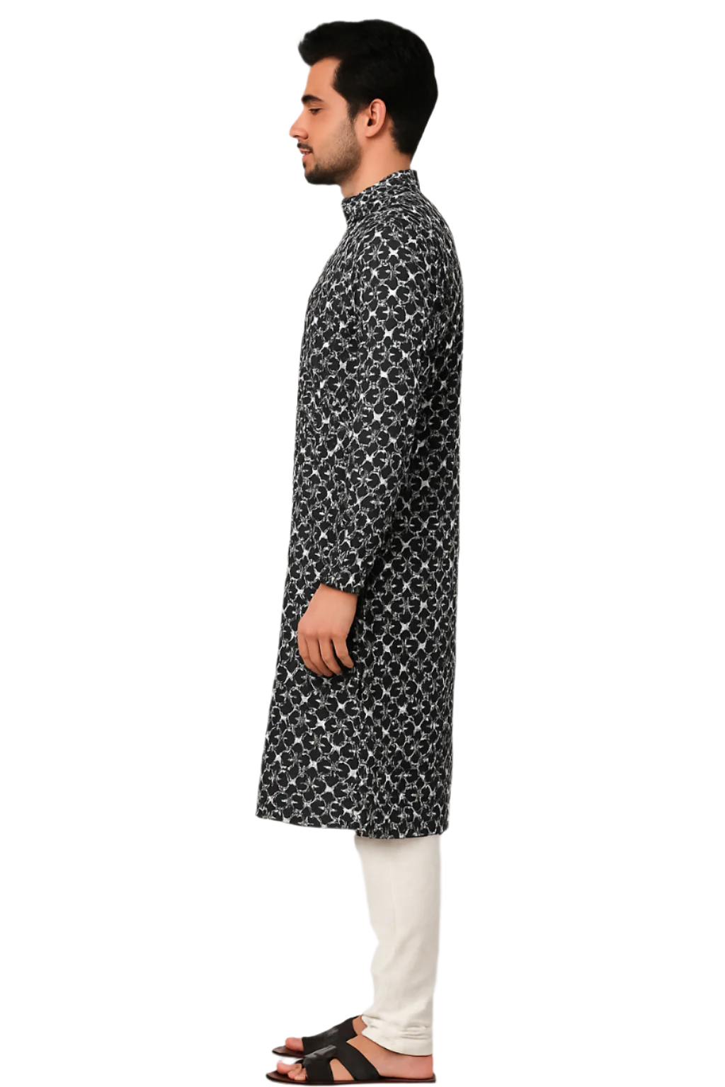 Men Black and Grey Embroidered Geometric Kurta with Contrast Placket