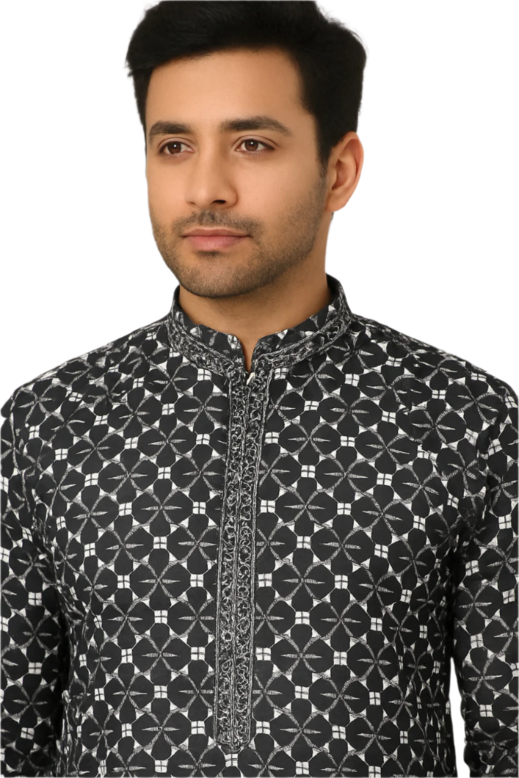Men Black and Grey Embroidered Geometric Kurta with Contrast Placket