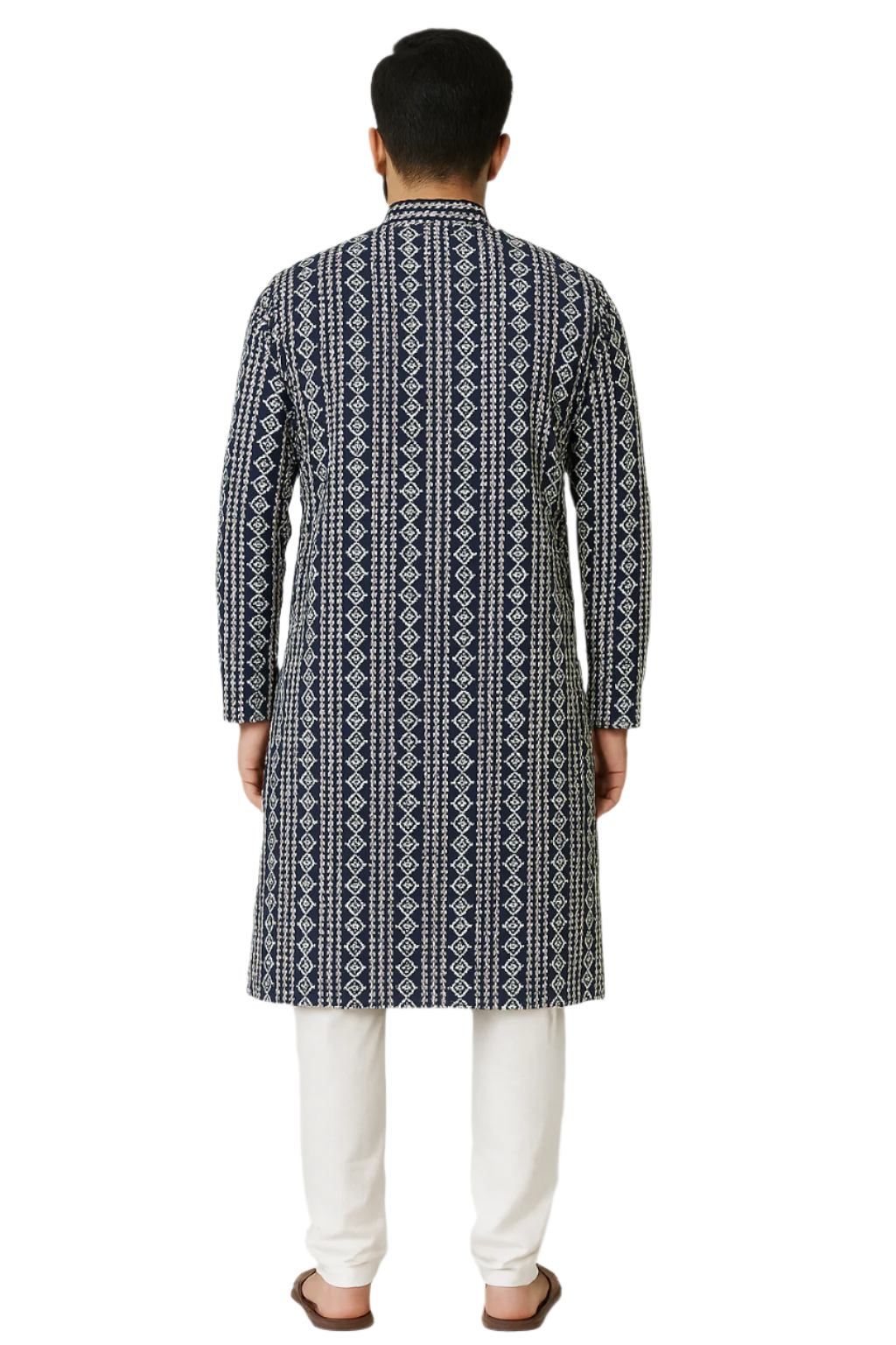 Navy Blue Printed Jaquard Kurta with White Churidar Pajama for Men