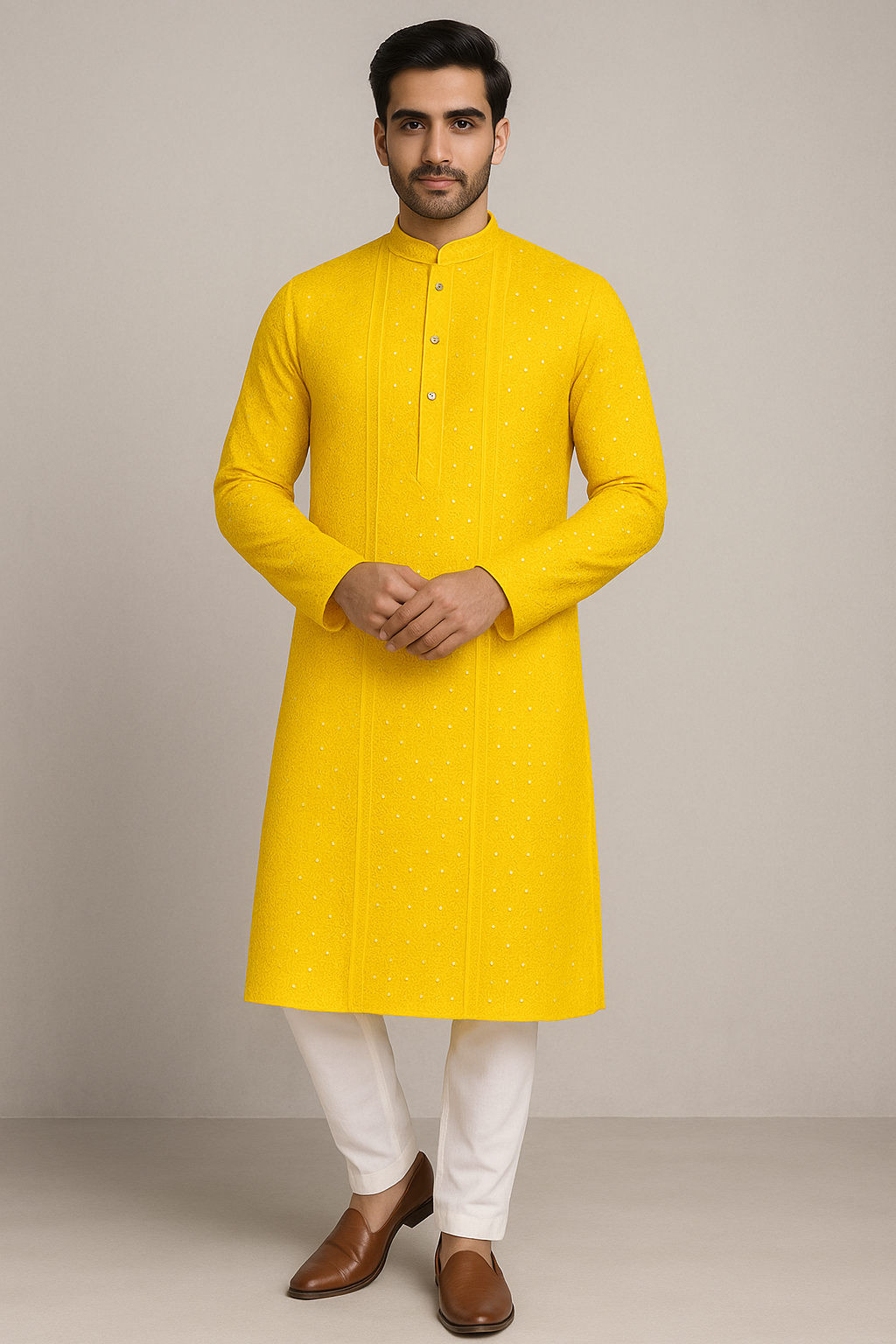 Sunshine Yellow Embroidered Kurta with White Pajama Set