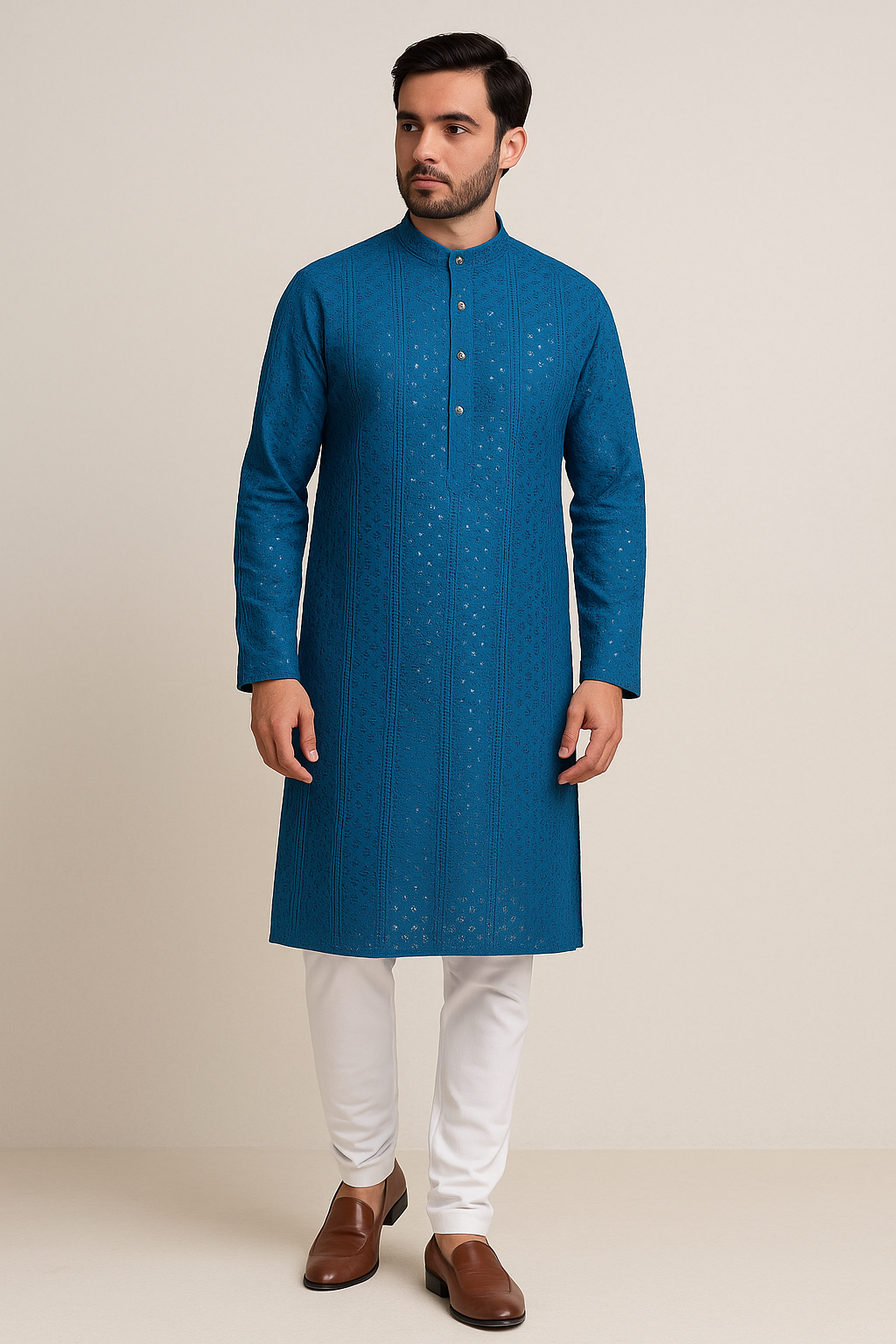 Royal Blue Embroidered Kurta with White Pajama Set