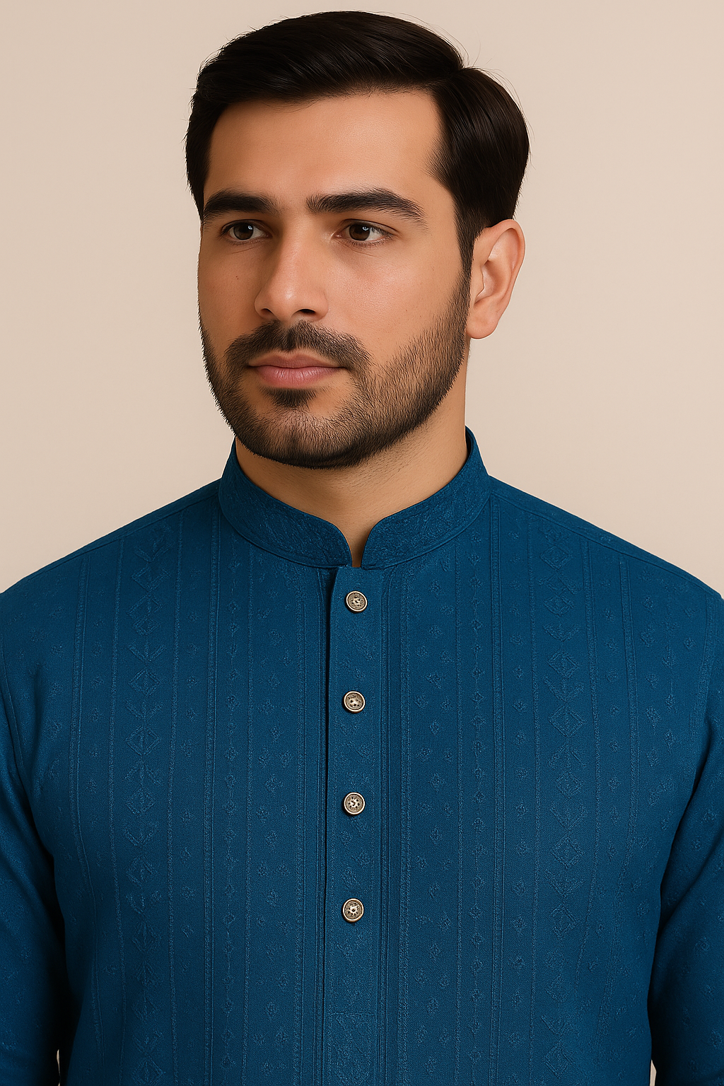 Royal Blue Embroidered Kurta with White Pajama Set