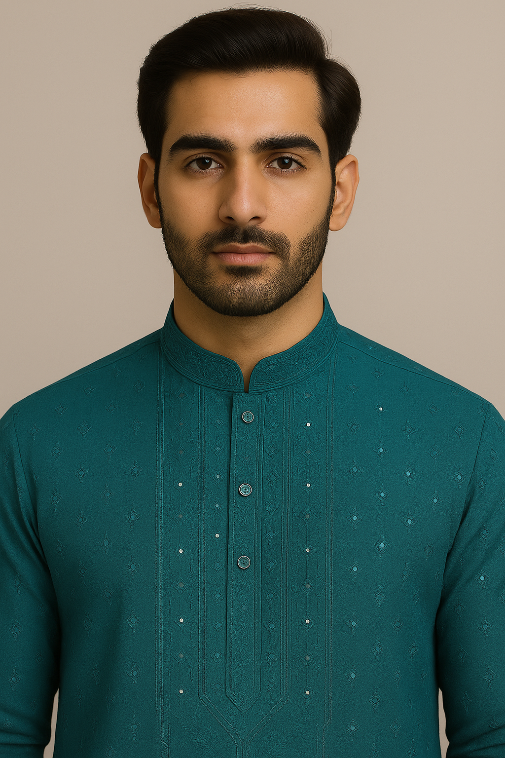 Teal Embroidered Kurta with White Pajama Set