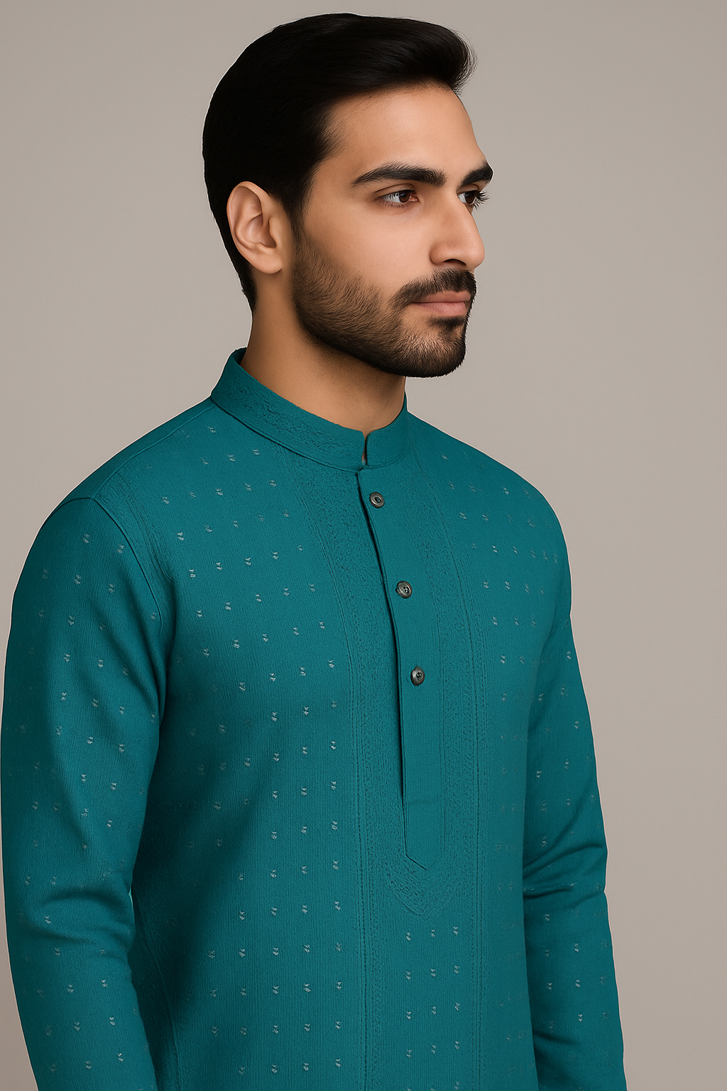Teal Embroidered Kurta with White Pajama Set