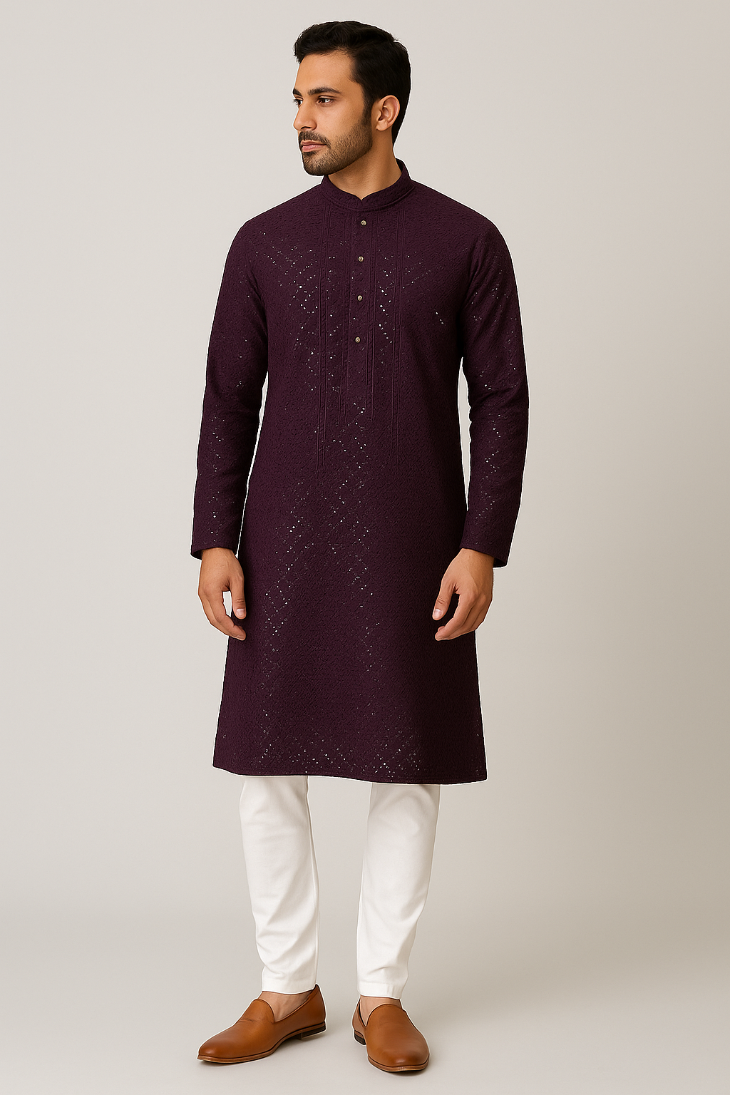 Embroidered Wine Kurta Pajama Set for Men