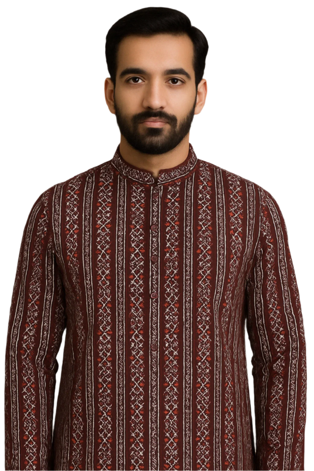 Maroon Printed Jaquard Kurta with White Churidar Pajama for Men