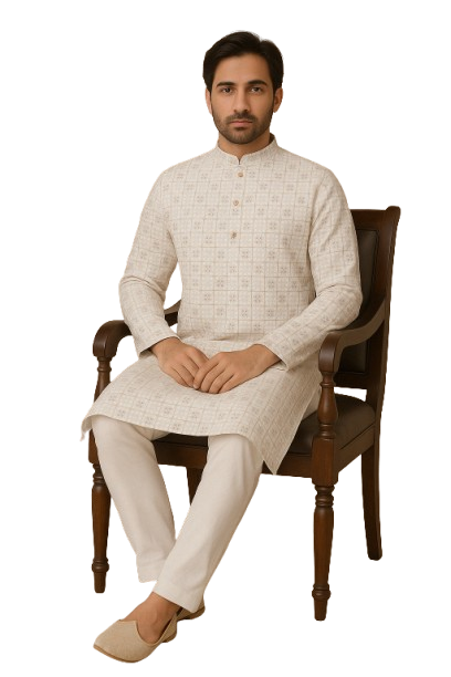 White Checkered Jacquard Kurta with White Pajama