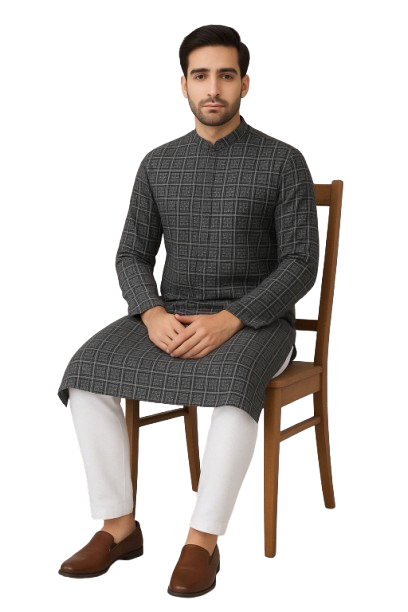 Charcoal Grey Block Print Kurta with White Pajama