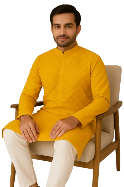 Mustard Yellow Embroidered Kurta with White Pajama