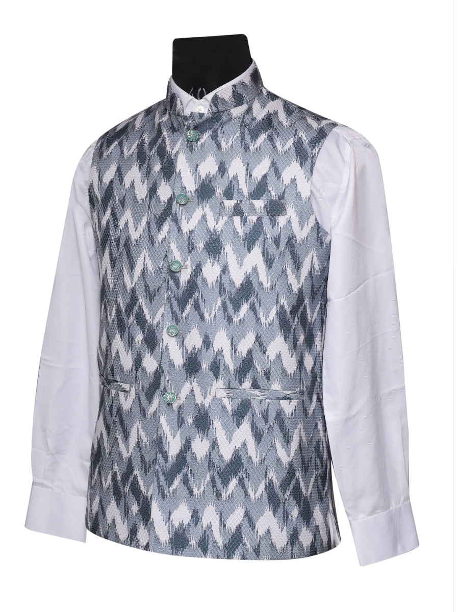 Crochet Printed Grey Jacket Kurta Set Men