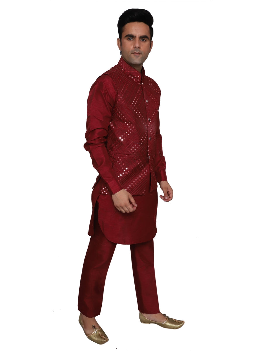 Kurta Pajama With Waistcoat Maroon for Men